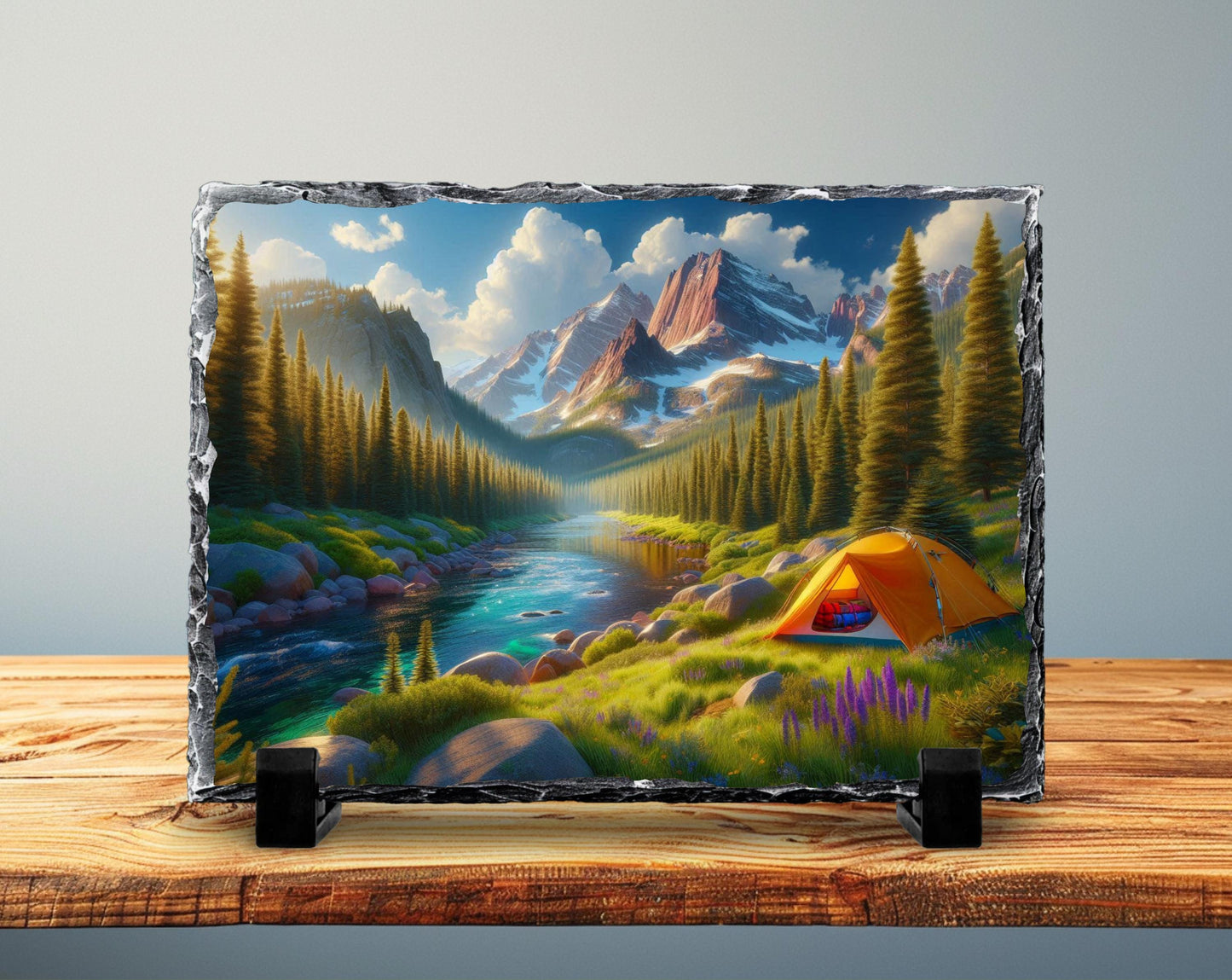 Mountain Camping Plaque - Rustic Slate Art With River And Tent Artwork - additional angle