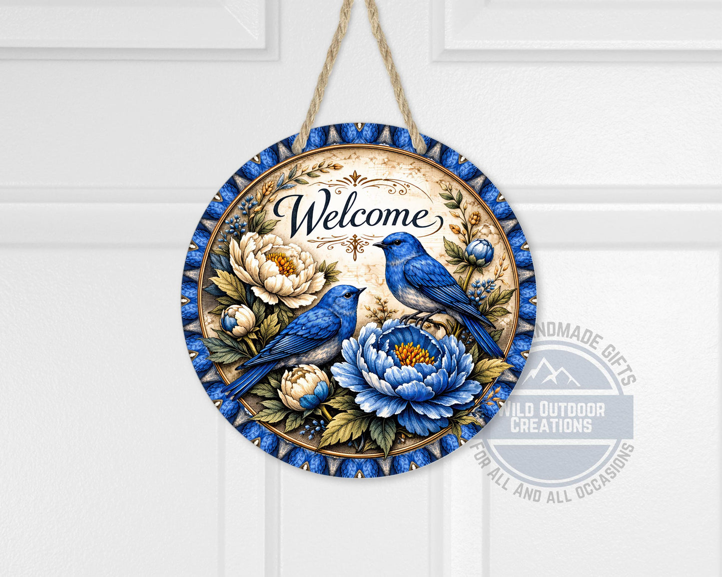 Bluebird Welcome Sign - Round Door Hanger With Floral Porch Decor, UV Coated