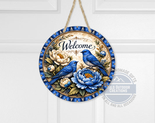 Bluebird Welcome Sign - Round Door Hanger With Floral Porch Decor, UV Coated