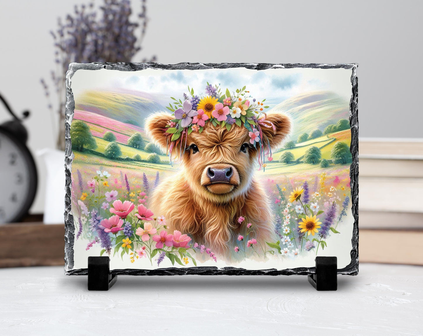 Highland Cow Slate Sign – Rustic Slate Plaque with Baby Calf Floral Headband - product dimensions and specifications