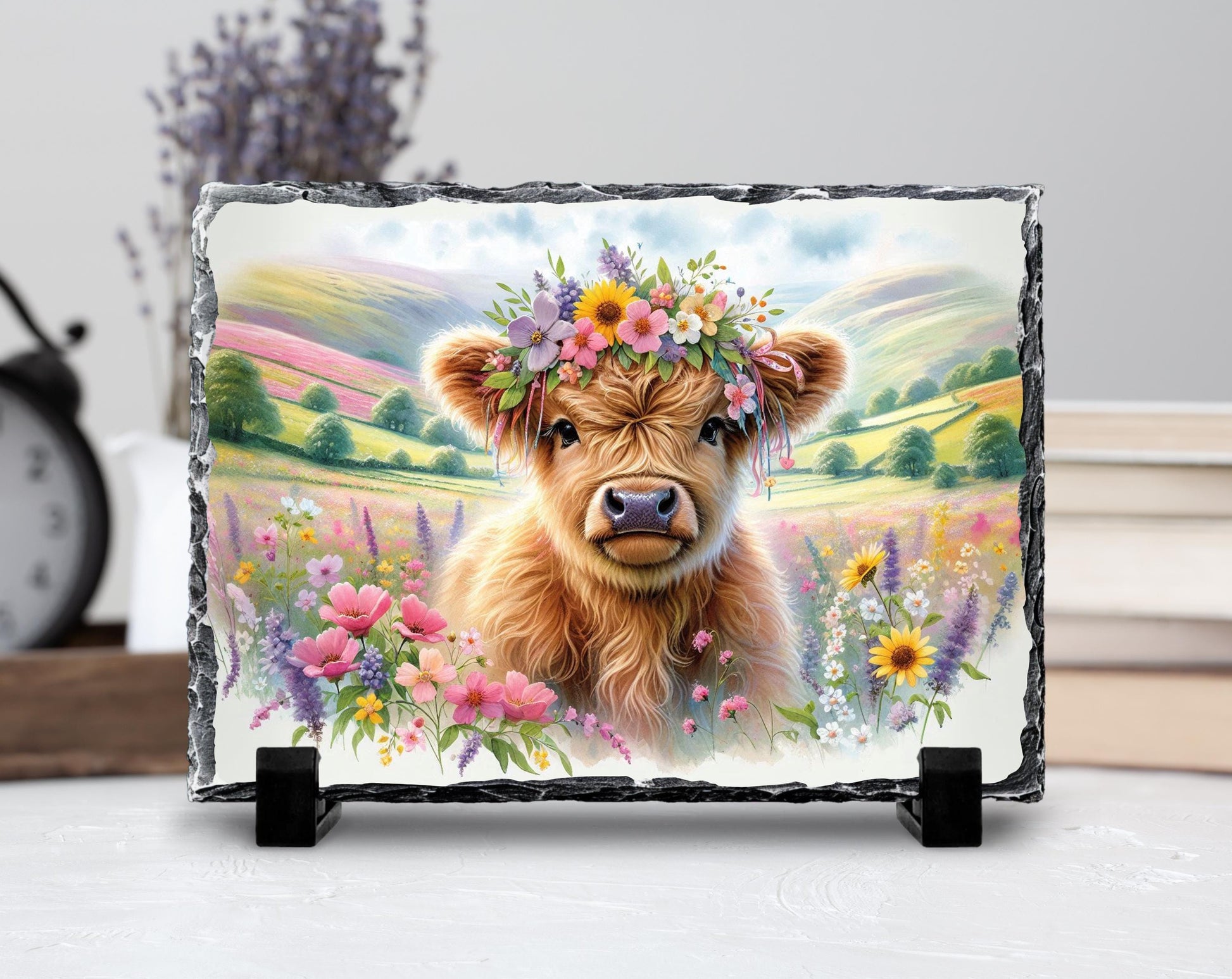 Highland Cow Slate Sign – Rustic Slate Plaque with Baby Calf Floral Headband - product dimensions and specifications
