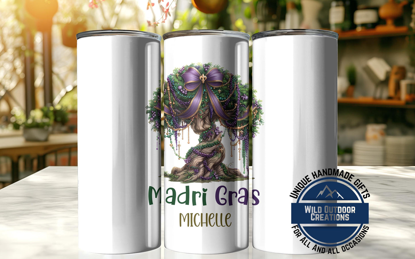 Mardi Gras Skinny Tumbler - Custom Name Glow In Dark Cup | Vacuum Insulated 20oz & 30oz - alternate view
