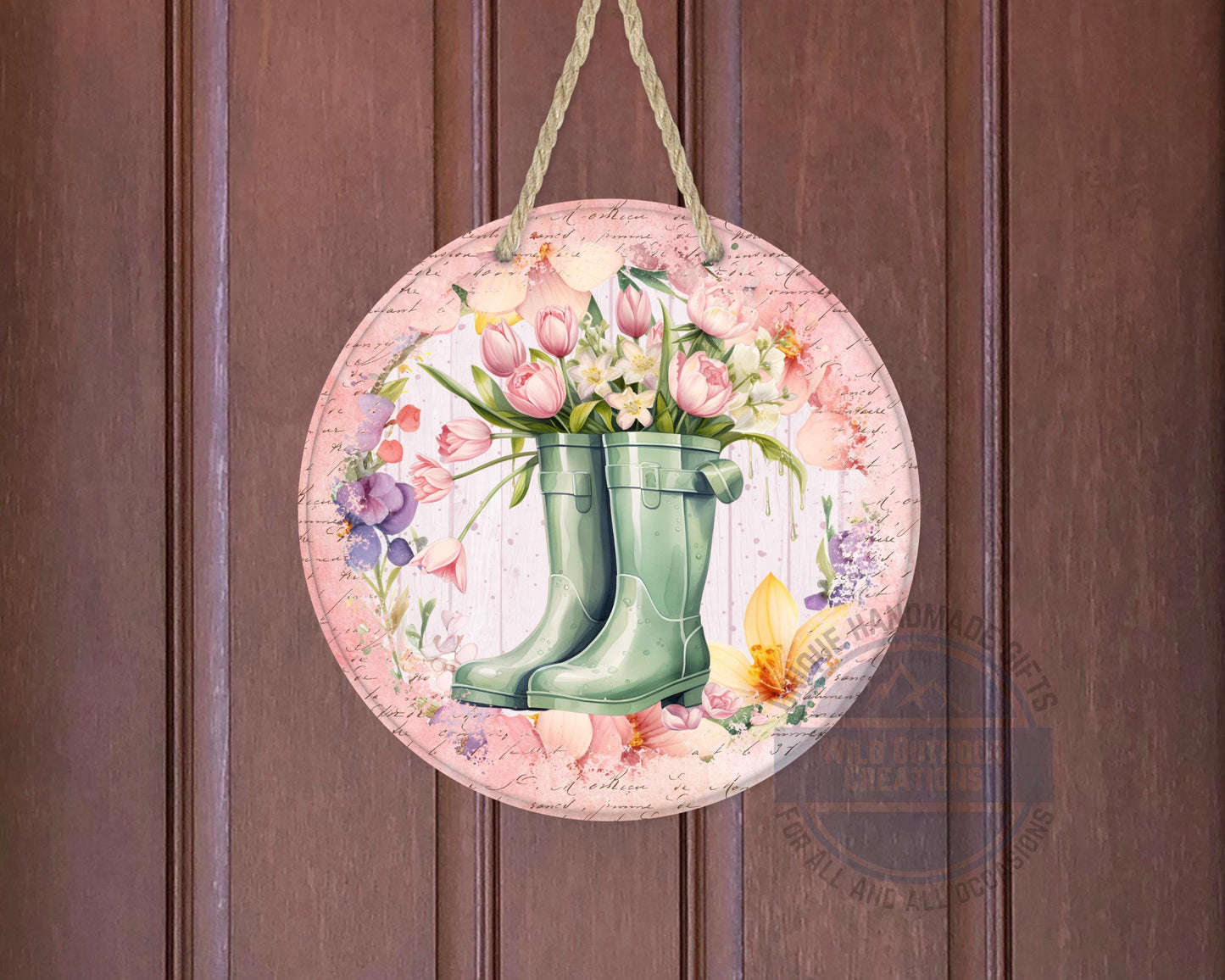 Spring Garden Boots - Pink Tulip Floral Door Hanger | Rustic Farmhouse Charm - detail view