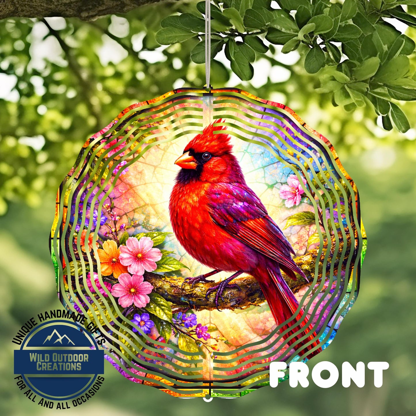 Cardinal Wind Spinner - 10 Inch Aluminum Outdoor Garden Decor With Pink Yellow Flowers - additional angle