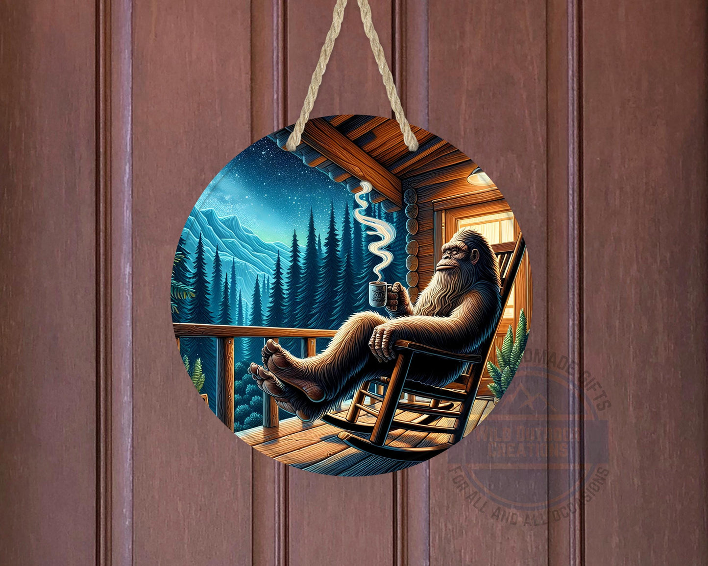 Bigfoot Porch Decor – Sasquatch Door Hanger | Rustic Cabin Wall Art, Weather Resistant Sign - detail view