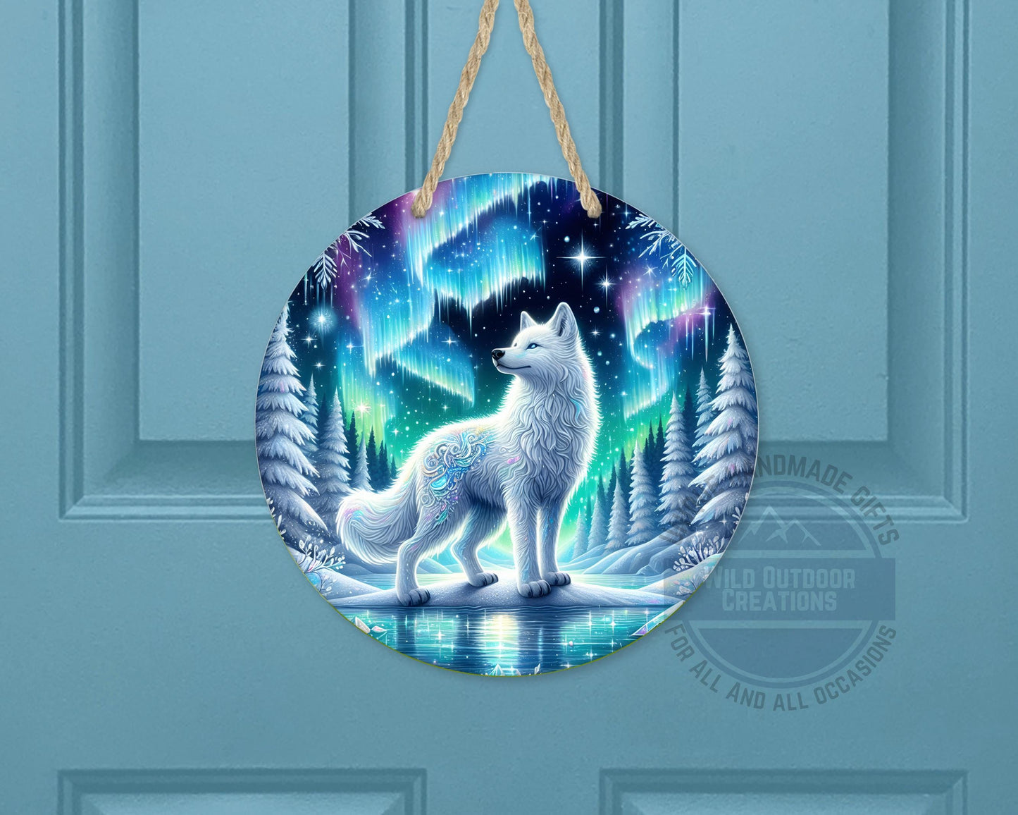 Wolf Door Hanger - Northern Lights Art | Rustic Cabin Sign, Outdoor Decor - product dimensions and specifications