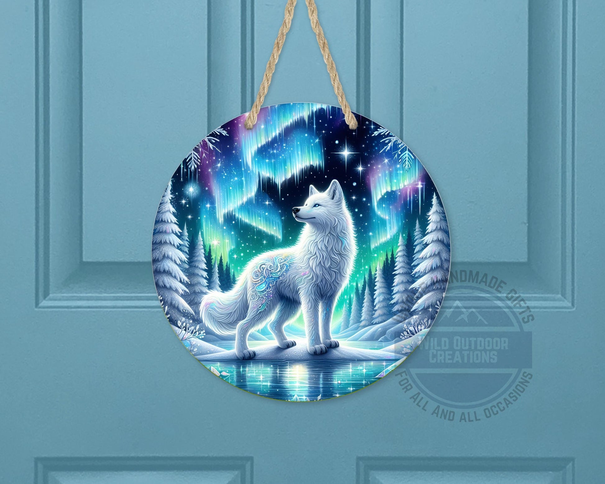 Wolf Door Hanger - Northern Lights Art | Rustic Cabin Sign, Outdoor Decor - product dimensions and specifications