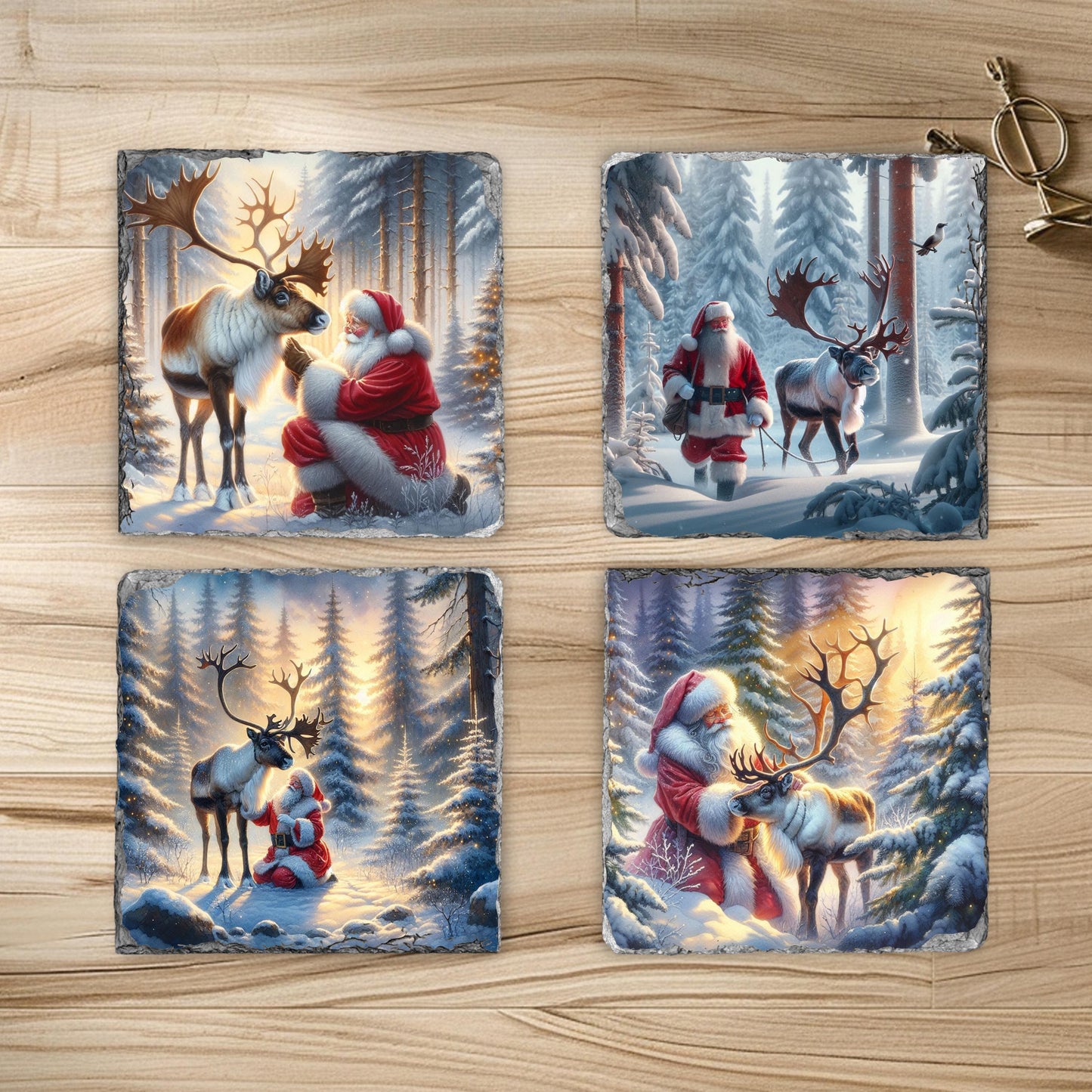 Fractured Edge Slate Coaster Set with Santa  Reindeer Winter Scene  4 Sublimation Images  Black Rack  Perfect Holiday Gift
