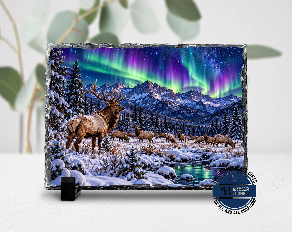 Elk Herd Slate Plaque, Northern Lights Wildlife Art, Rustic Mountain Cabin Decor