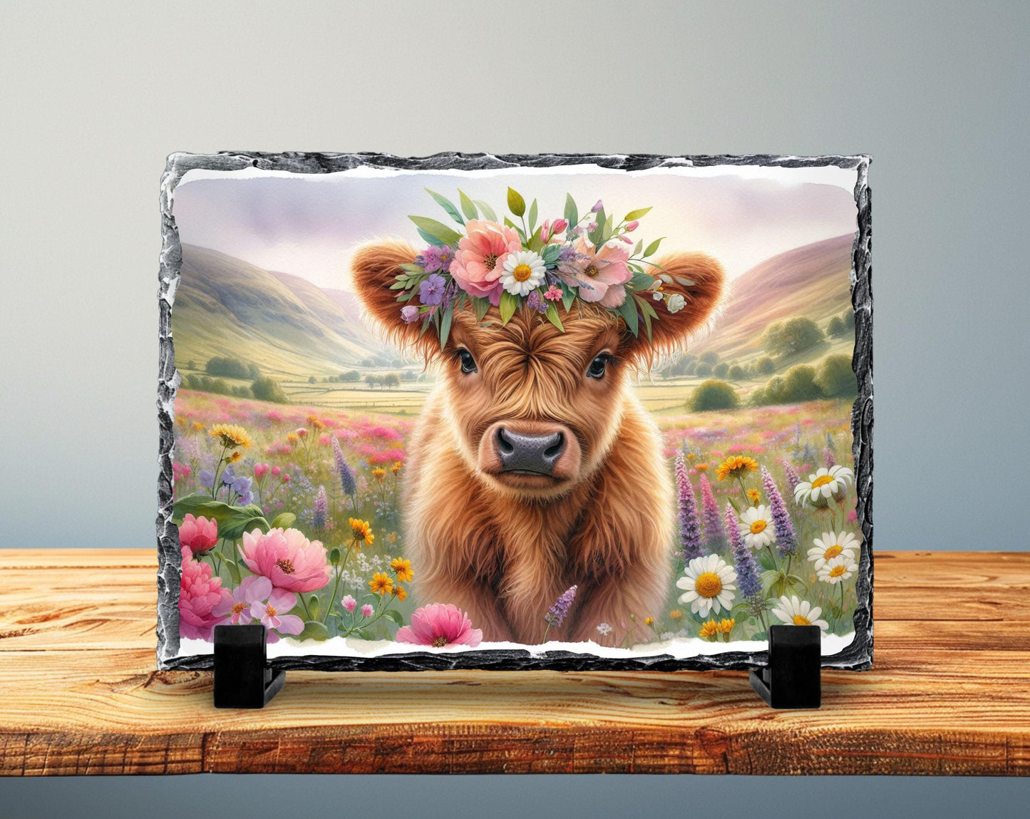 Baby Highland Cow Plaque – Natural Slate Floral Meadow Design, Handmade Slate Art - gift presentation view