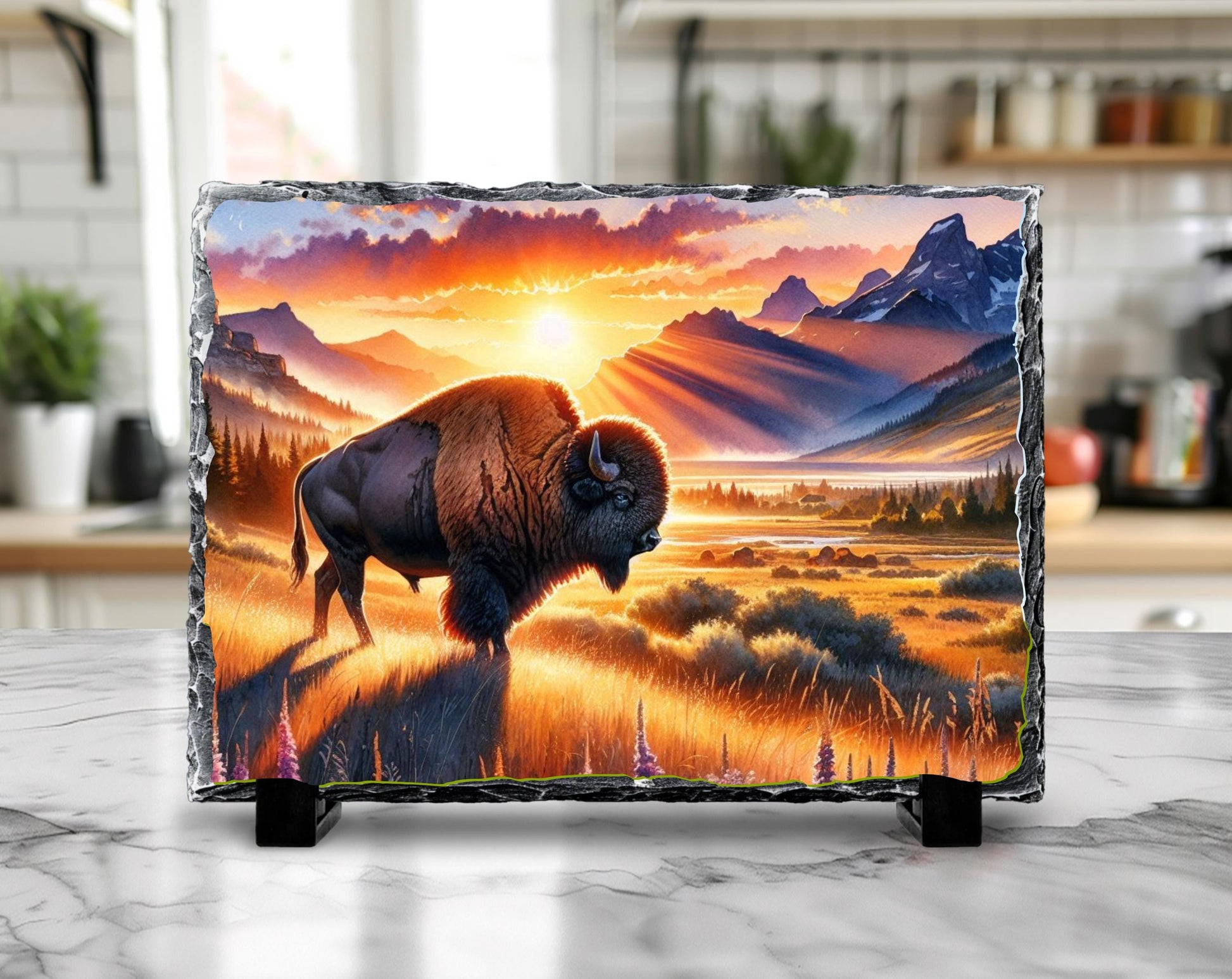 Bison Sunset Slate Sign – Rustic Buffalo Mountain Art With Fade Resistant Printing - lifestyle view