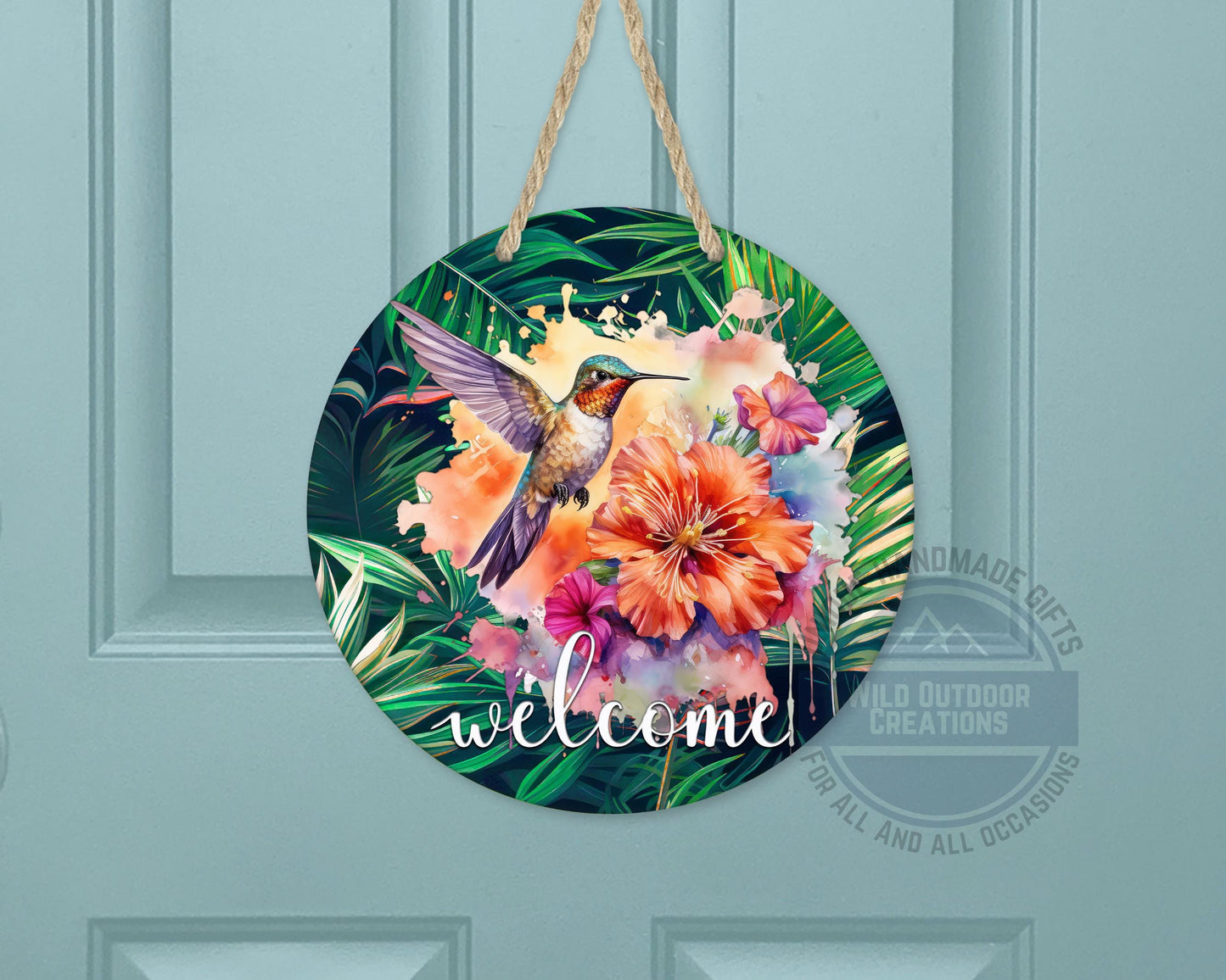 Tropical Hummingbird Door Hanger - Colorful Floral Welcome Sign with Fade Resistant Print - additional angle