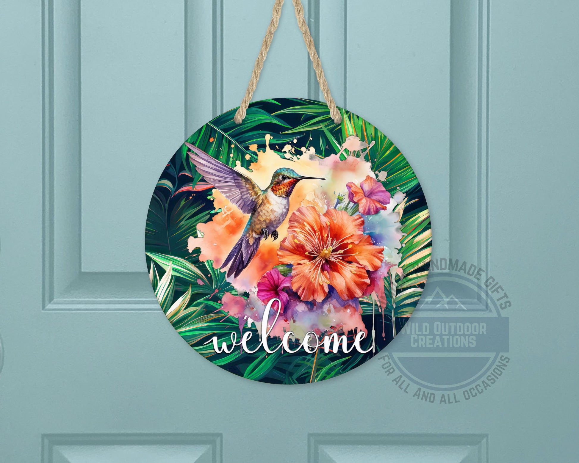 Tropical Hummingbird Door Hanger - Colorful Floral Welcome Sign with Fade Resistant Print - additional angle