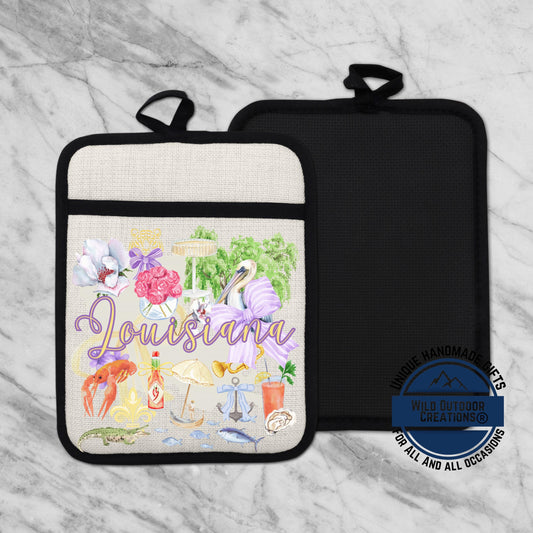 Louisiana Pot Holder | Non Slip Silicone Back Pocket Potholder Linen Kitchen Gift