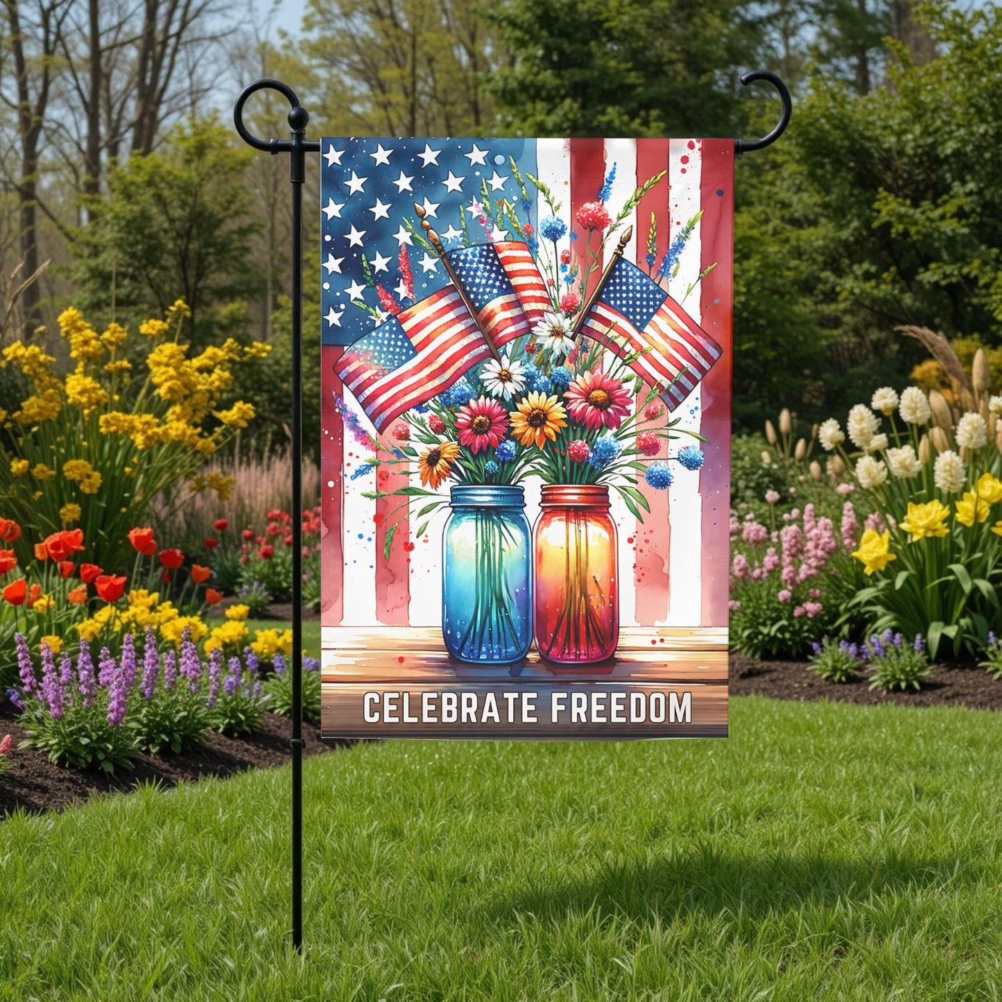 Patriotic Garden Flag – Mason Jar Flowers Floral American 12x18 Outdoor Decor