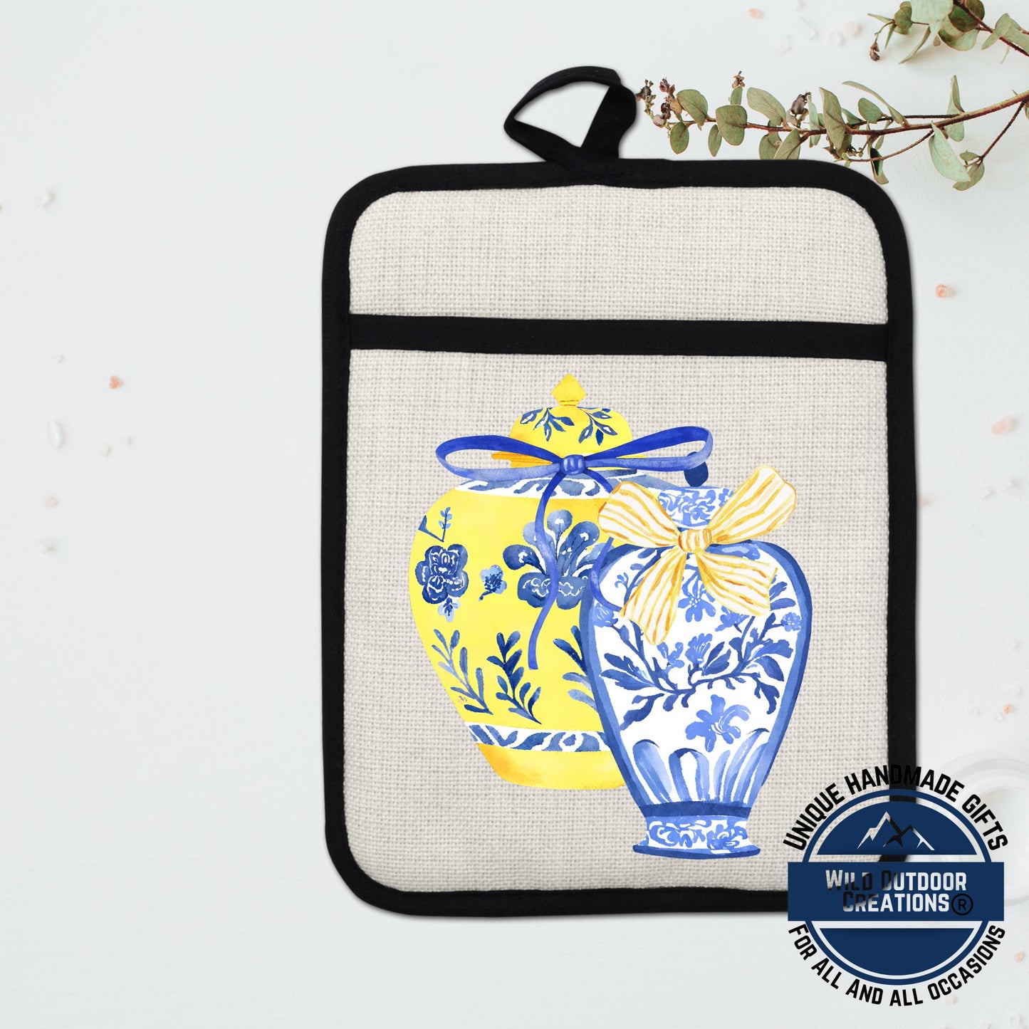 Chinoiserie Pot Holder – Blue Yellow Ginger Jar Linen Kitchen Accessory with Pocket - lifestyle view