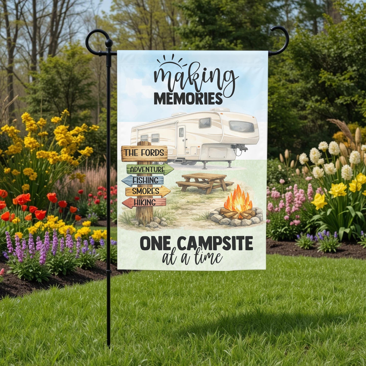 Personalized Camping Flag - Custom 5th Wheel Garden Flag 12x18 Weather Resistant - close up detail