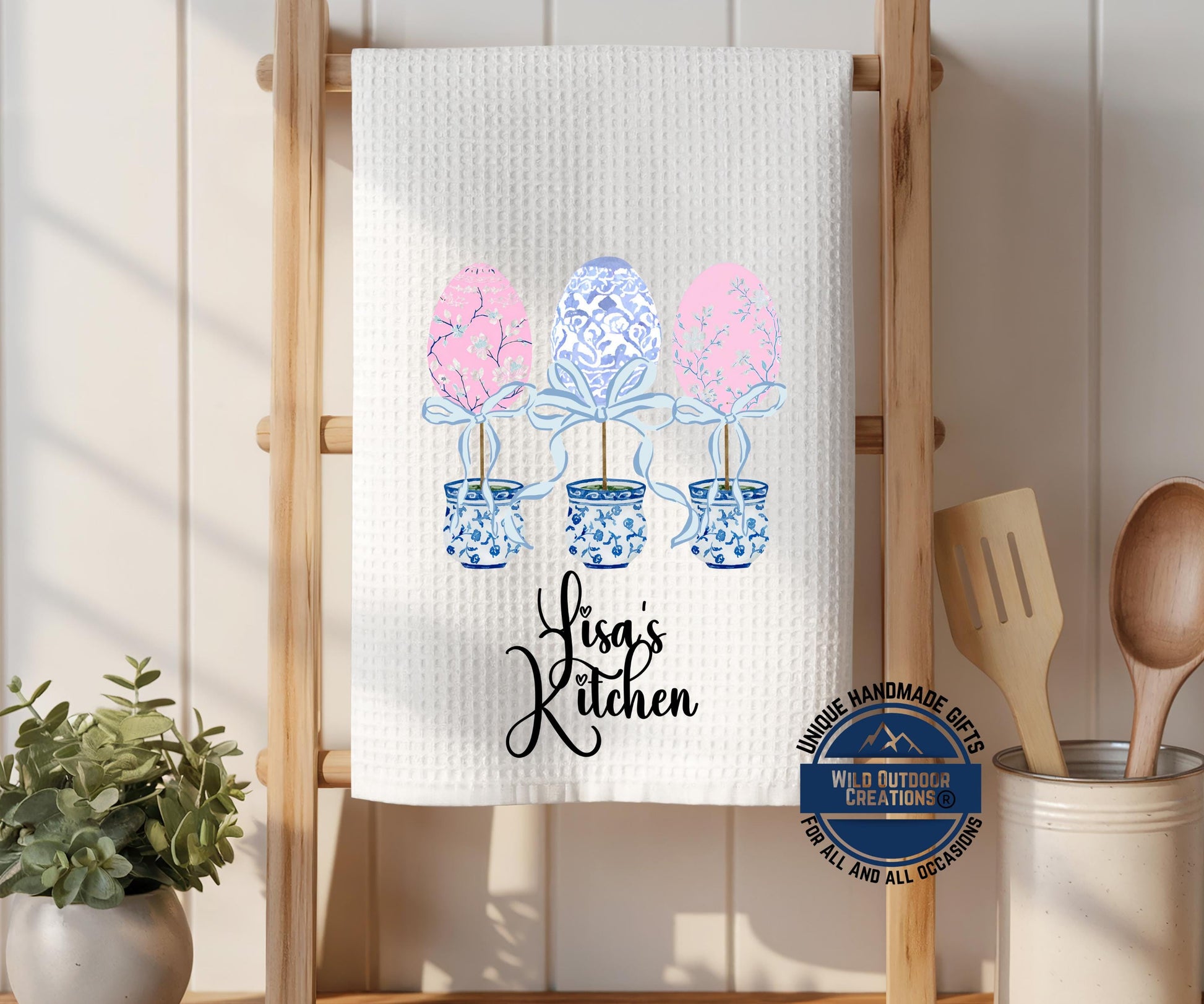 Personalized Kitchen Towel – Easter Egg Topiary Waffle Weave, Custom Name Gift