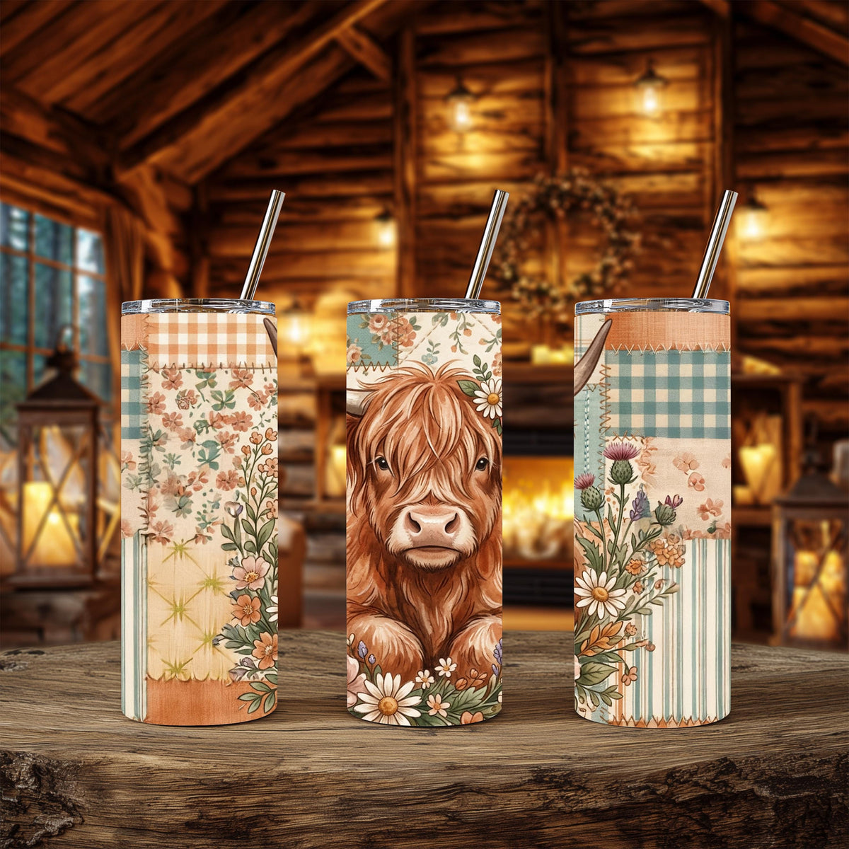 Highland Cow Tumbler | Floral Patchwork 20 Oz Skinny, Teal Peach Farmhouse