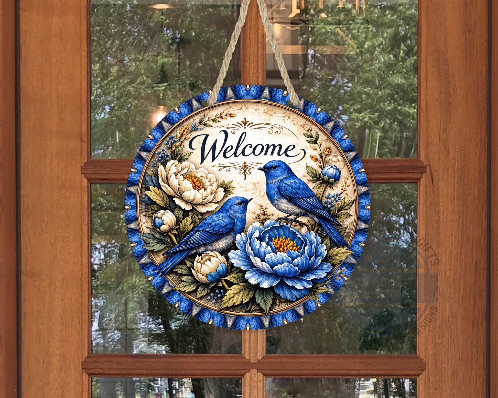 Bluebird Welcome Sign - Round Door Hanger With Floral Porch Decor, UV Coated - displayed on front door