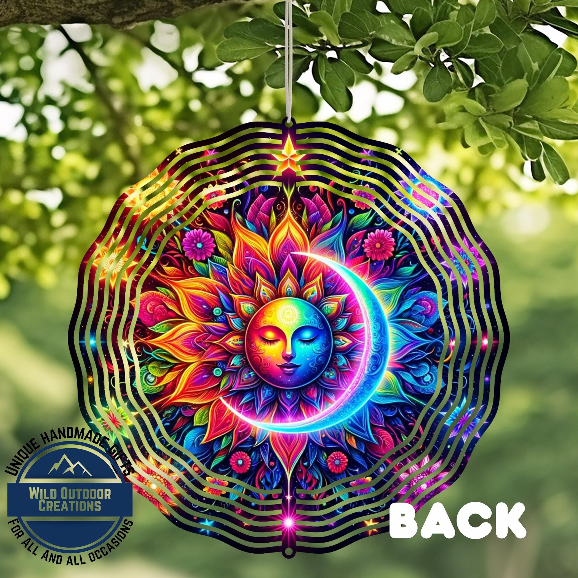 Celestial Wind Spinner - Neon Sun Moon Design | Double Sided Aluminum Spinner - alternate view