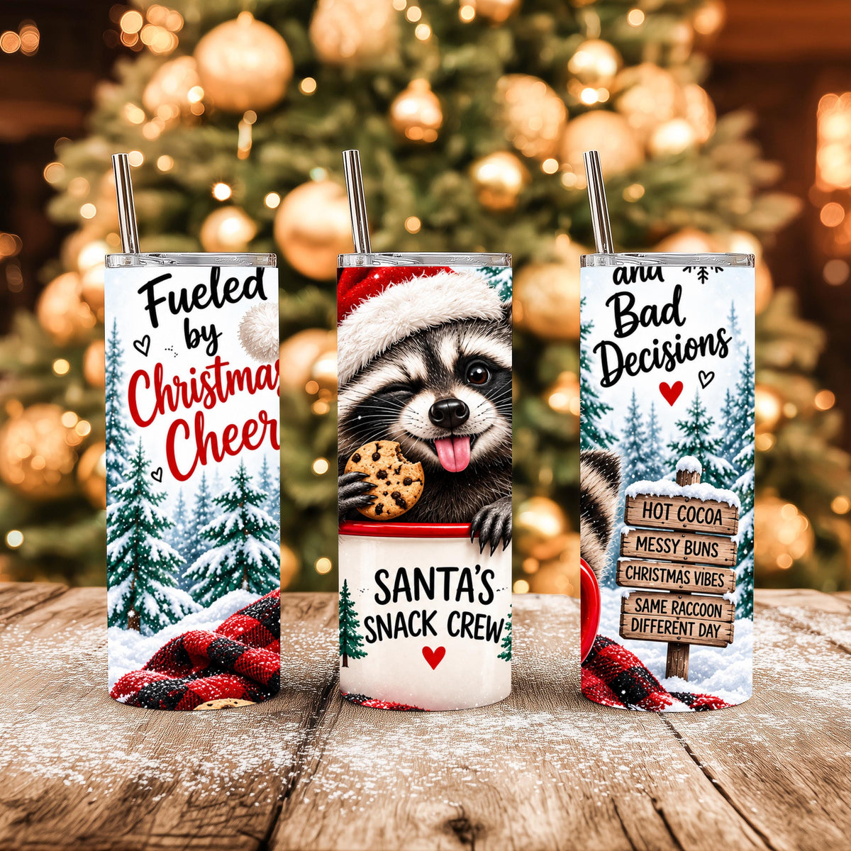 Raccoon Tumbler, 20 Oz Skinny, Buffalo Plaid Santa Hat Gift Cup