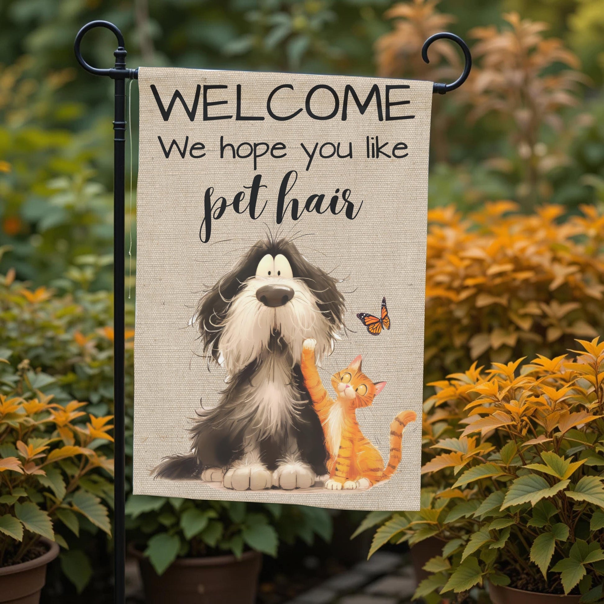 Pet Hair Garden Flag - Funny Welcome Dog And Cat Outdoor Decor 12x18 Sublimation - front and back