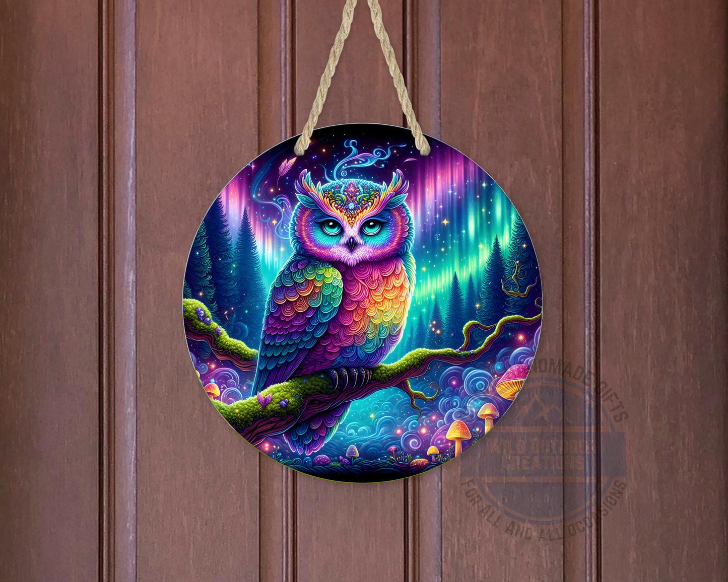 Rainbow Owl Wall Art – Psychedelic Forest Scene | Round Aluminum Sign With Fade Resistant Print - detail view