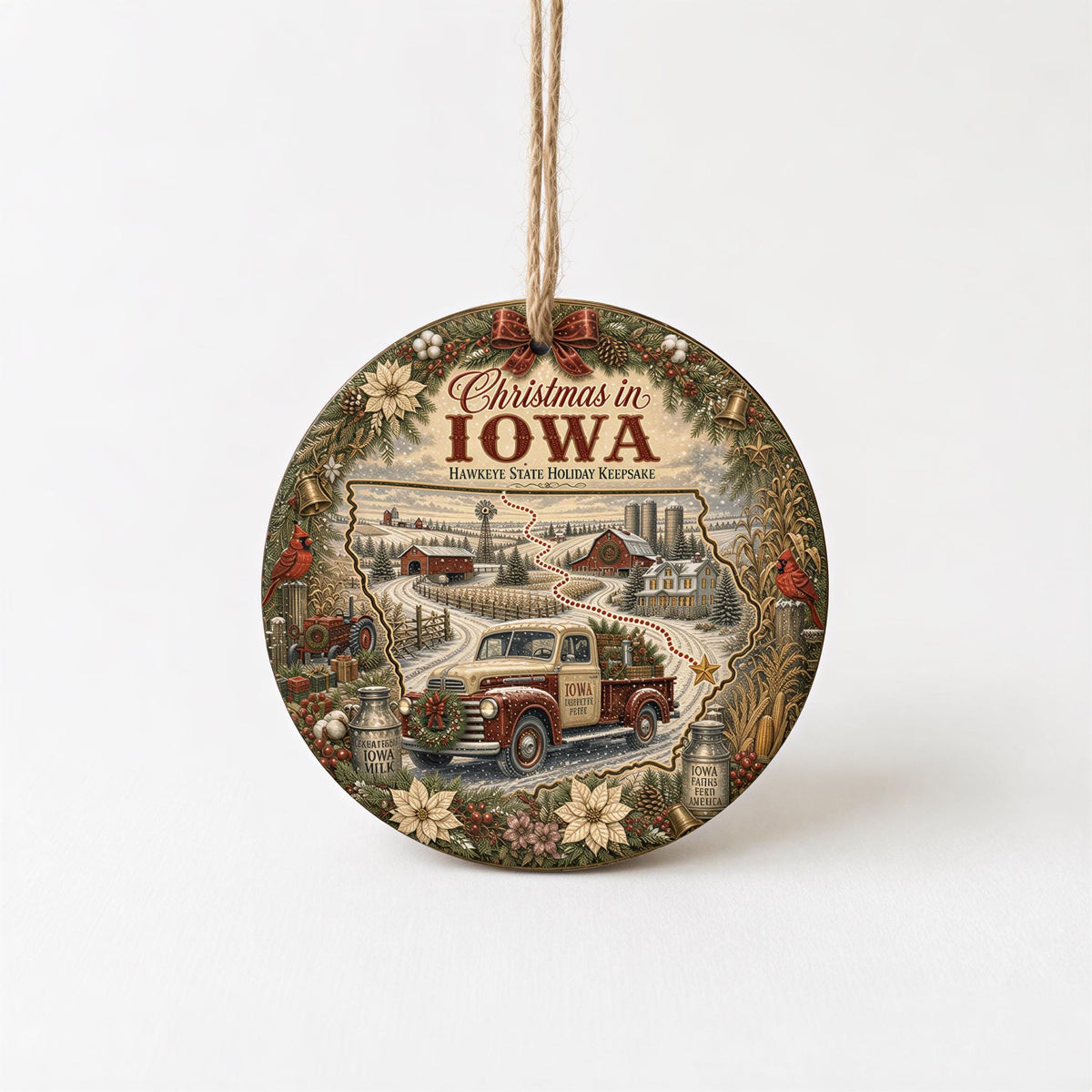 Iowa Christmas Ornament, Vintage Truck Cardinal Ceramic Keepsake