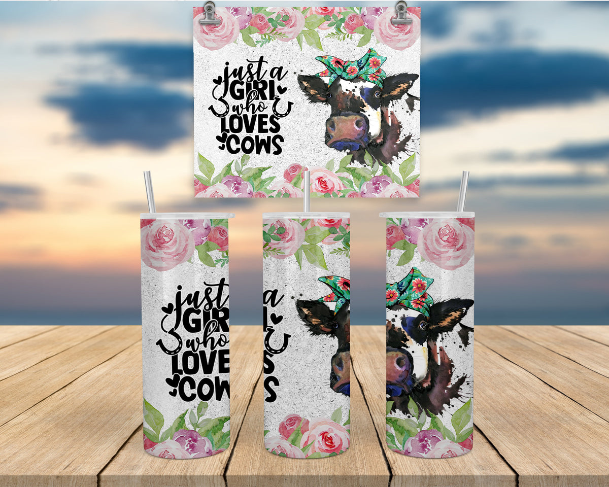 Stainless Steel Tumbler, Just A Girl Who Loves Cows, Pink Roses
