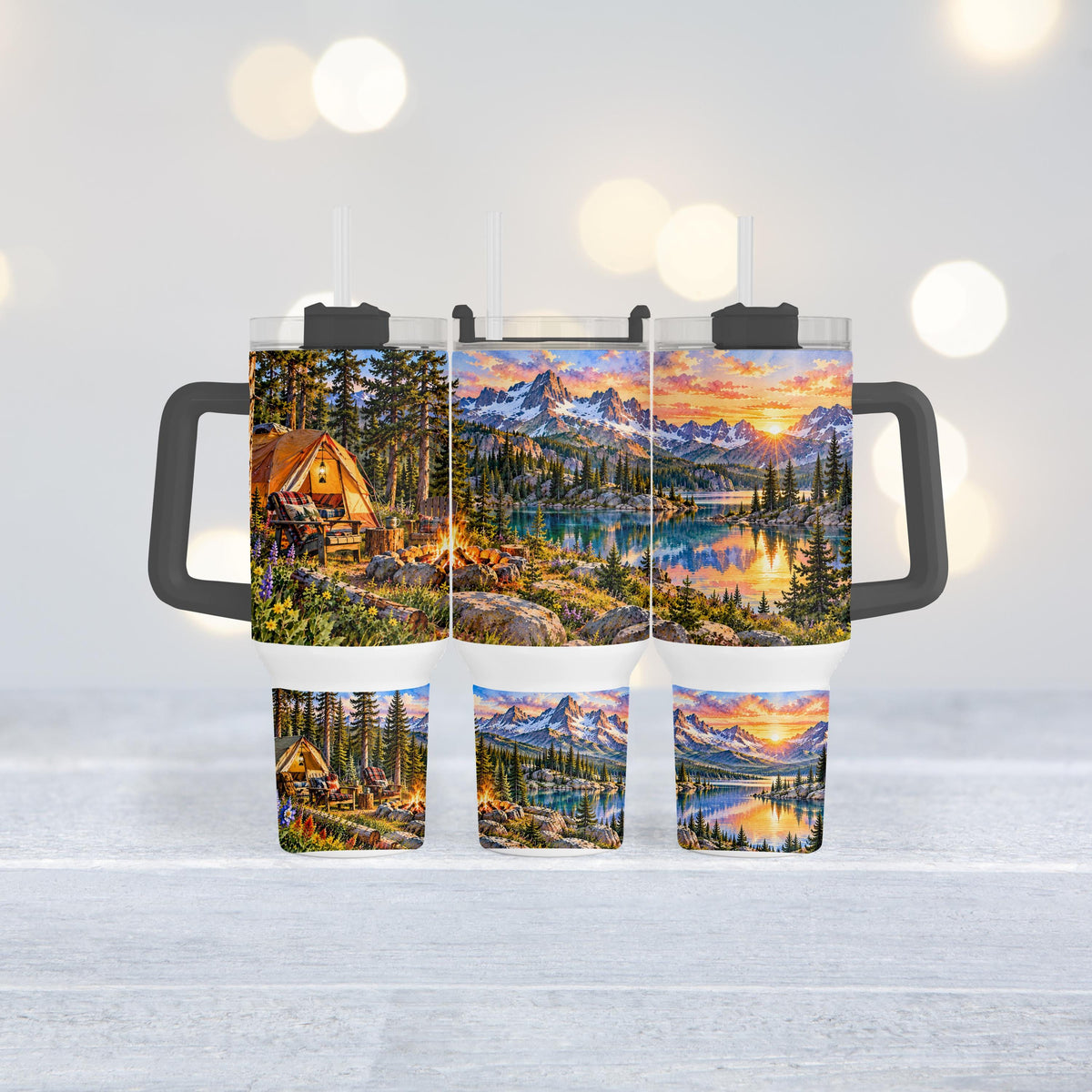 Mountain Camping Tumbler, 40 Oz Handle, Campfire Lake Sunset Gift