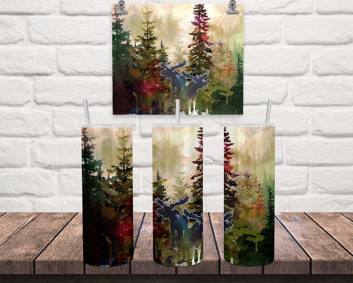Moose Tumbler| Watercolor Forest Scene, 20Oz Stainless Steel Mug