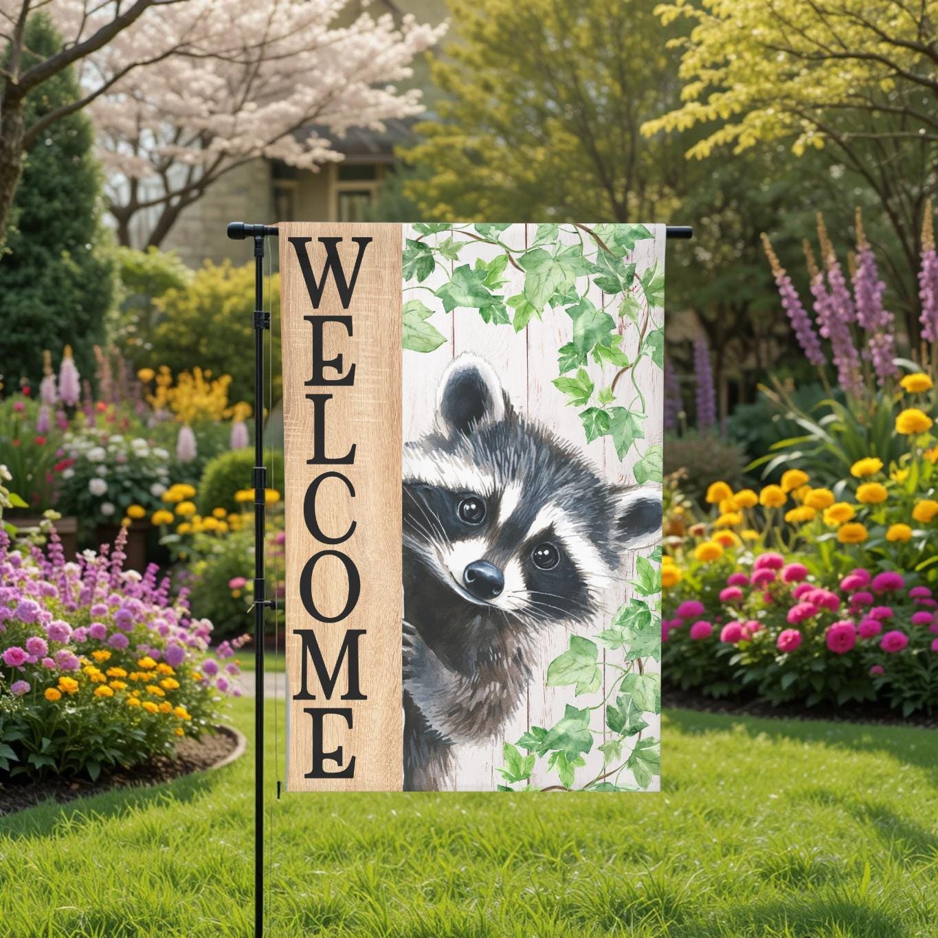 Welcome Raccoon Garden Flag – Rustic Woodland Yard Decor | Double Sided, UV Resistant - product dimensions and specifications