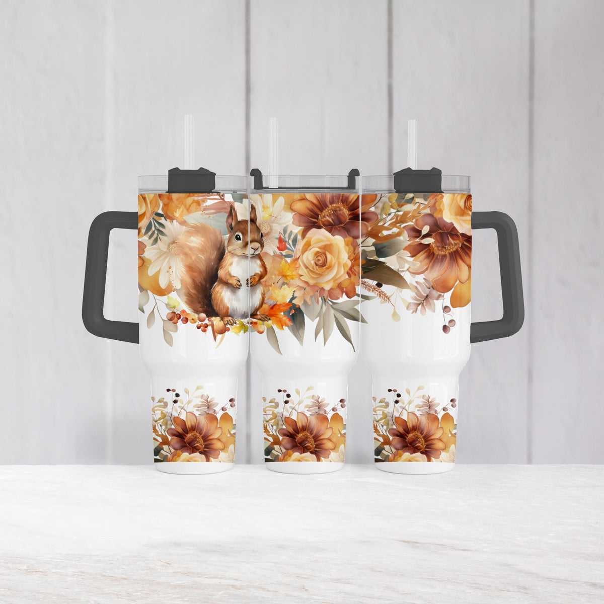 40 Oz Tumbler With Handle, Squirrel Fall Floral Woodland Cup Gift