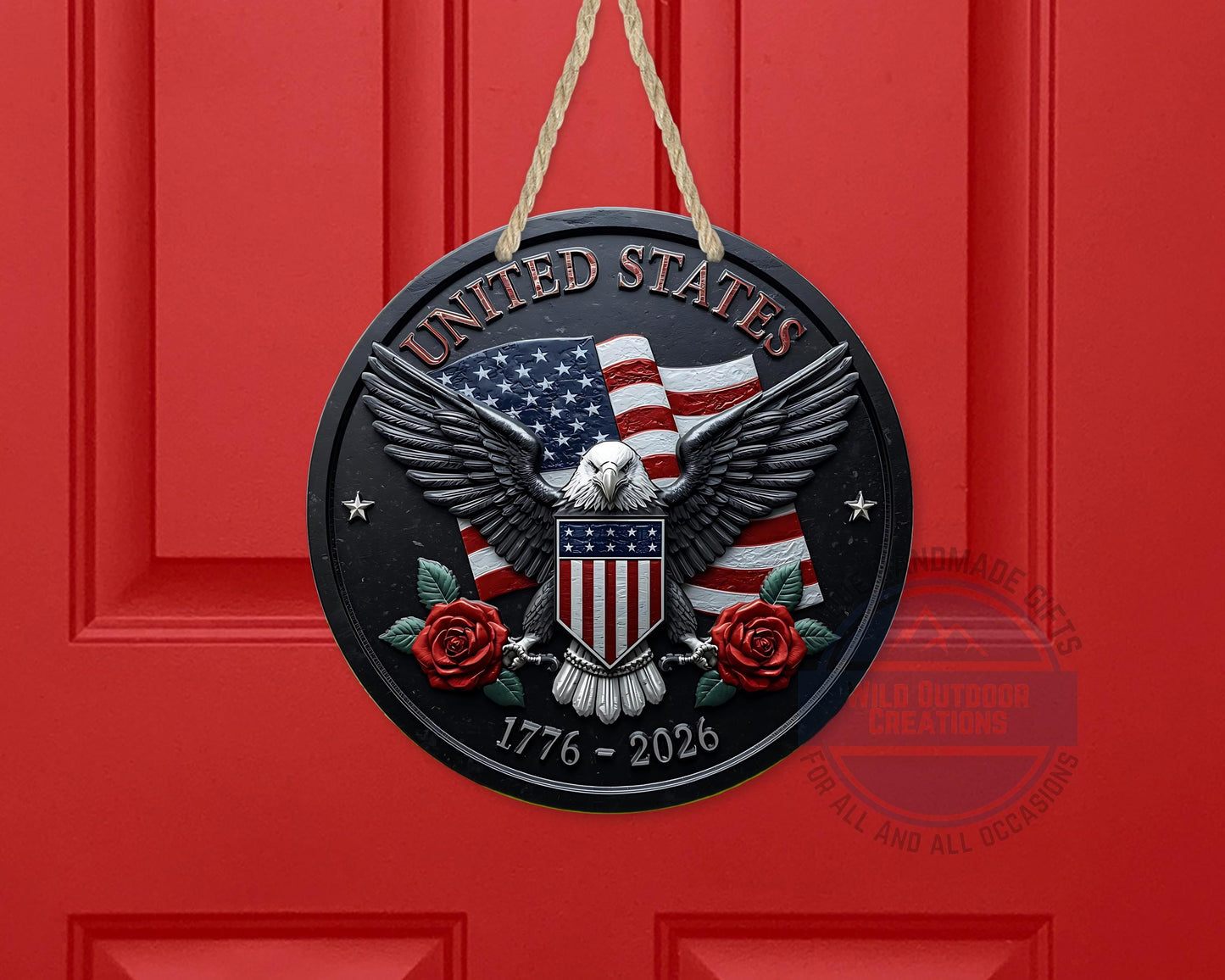 American Eagle Door Hanger - Round Aluminum Patriotic Door Sign, Veteran Gift Idea - alternate view