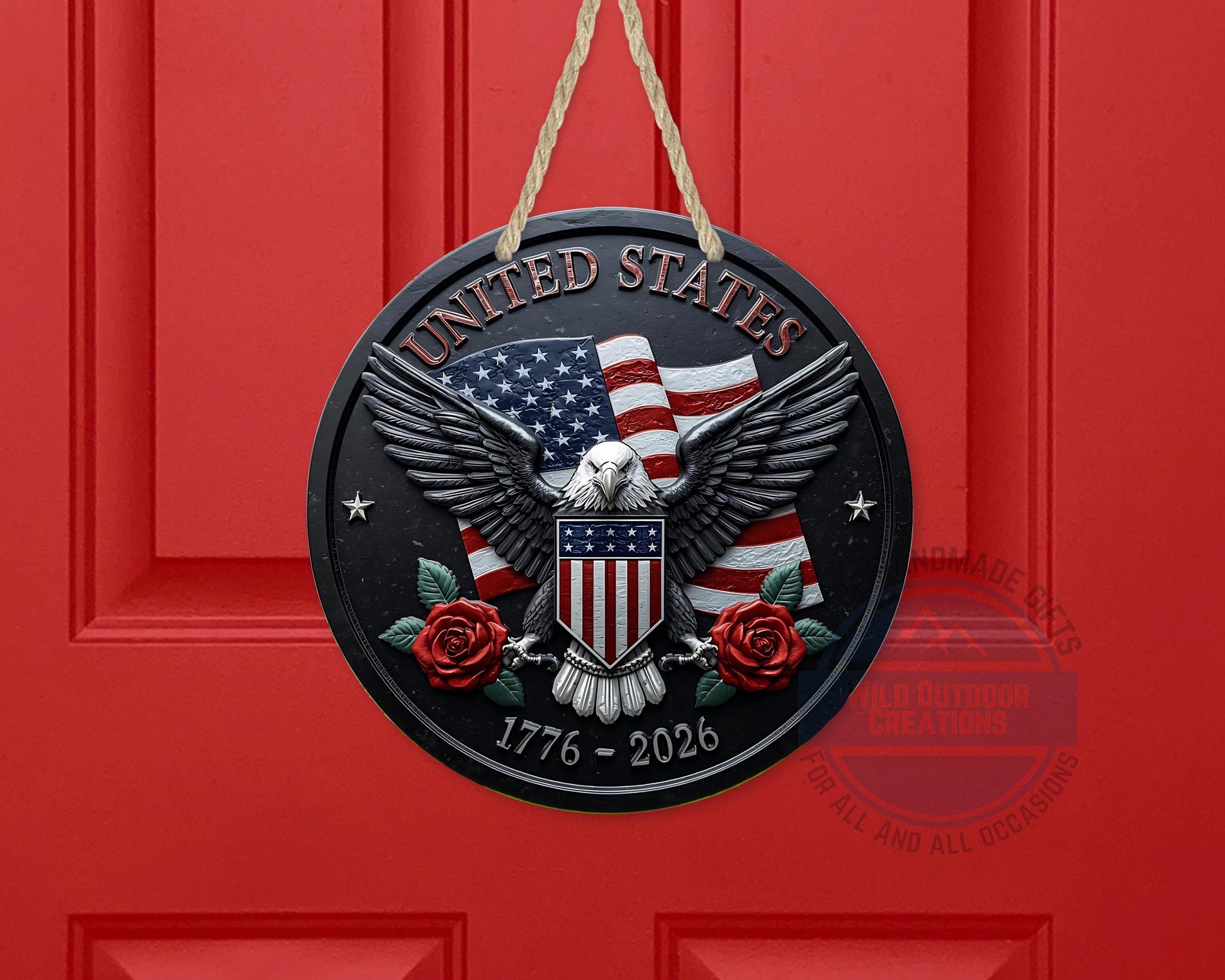 American Eagle Door Hanger - Round Aluminum Patriotic Door Sign, Veteran Gift Idea - alternate view