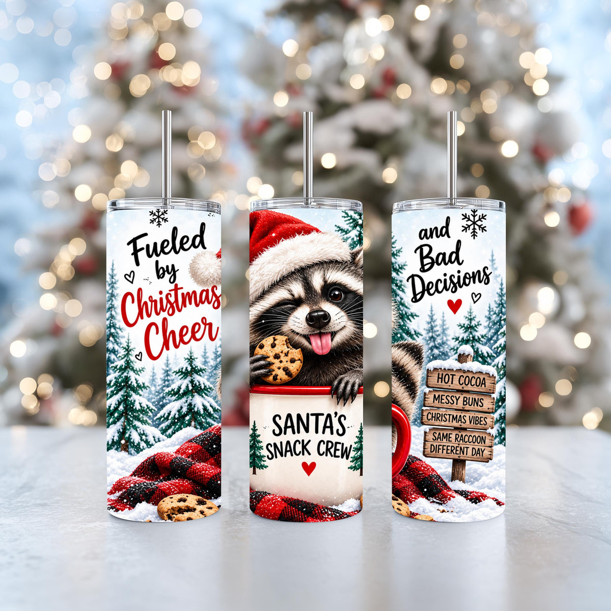 Raccoon Tumbler, 20 Oz Skinny, Buffalo Plaid Santa Hat Gift Cup
