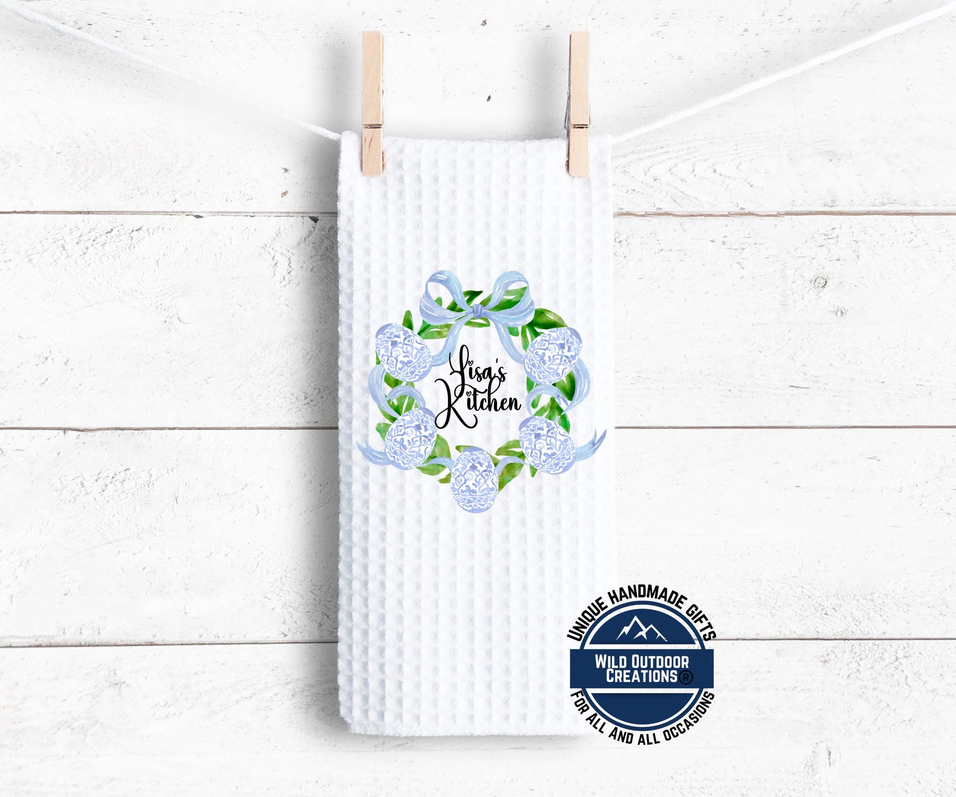 Personalized Easter Towel – Custom Name Kitchen Towel With Blue Chinoiserie Wreath - alternate view