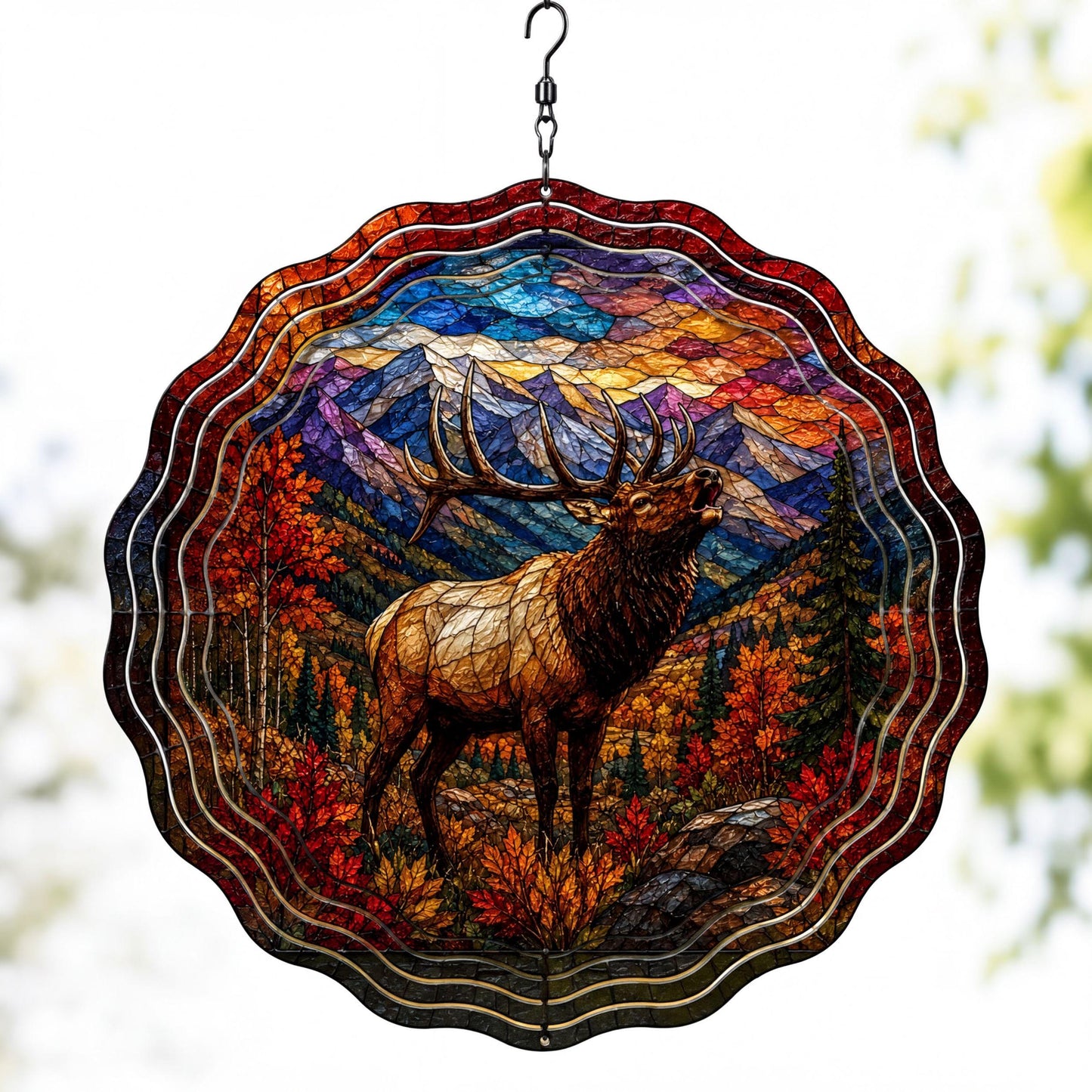 Elk Faux Stained Glass Wind Spinner Fall Mountain Wildlife Garden Decor