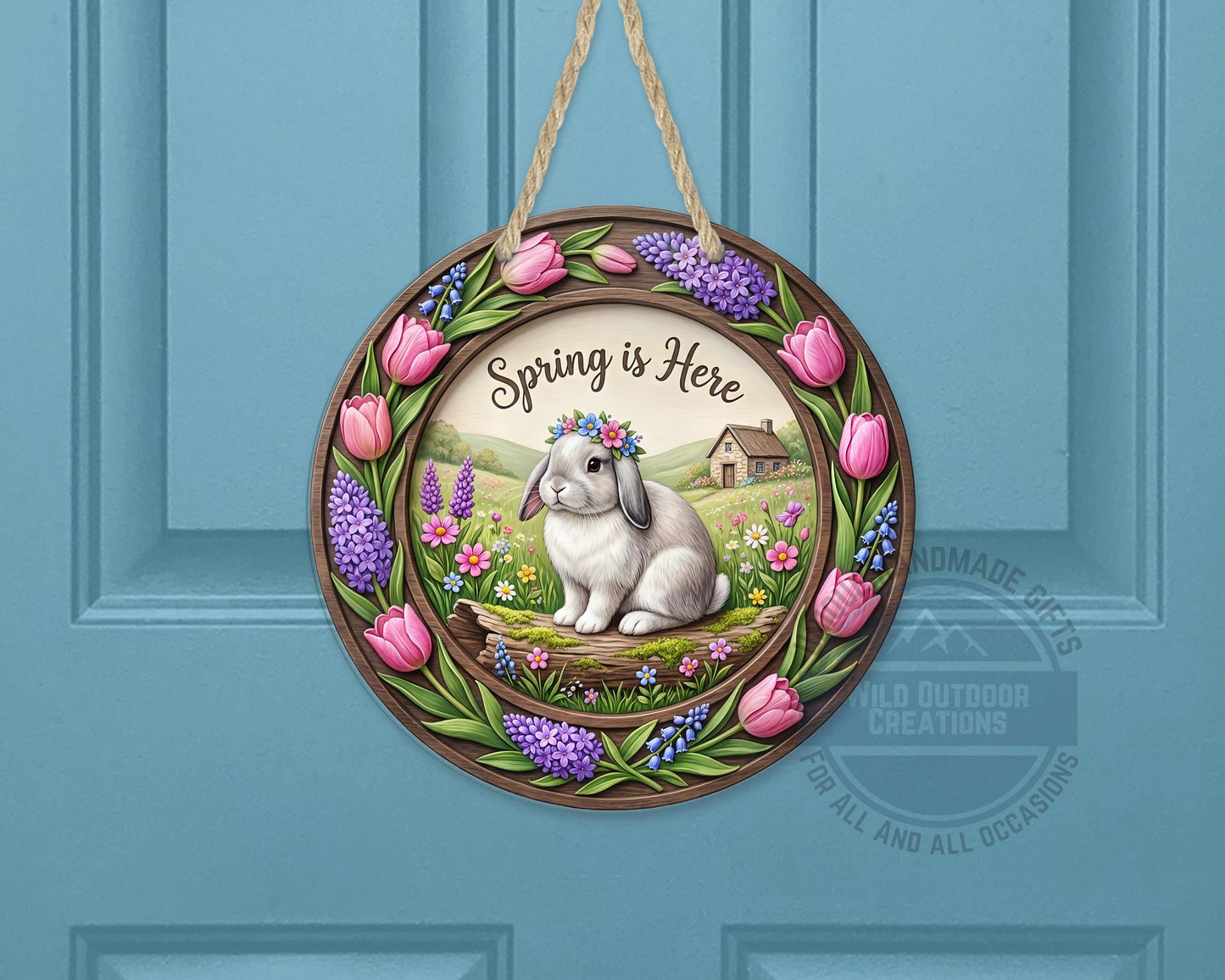 Spring Door Hanger – Round Aluminum Bunny Spring Sign with Tulip Decor - gift presentation view
