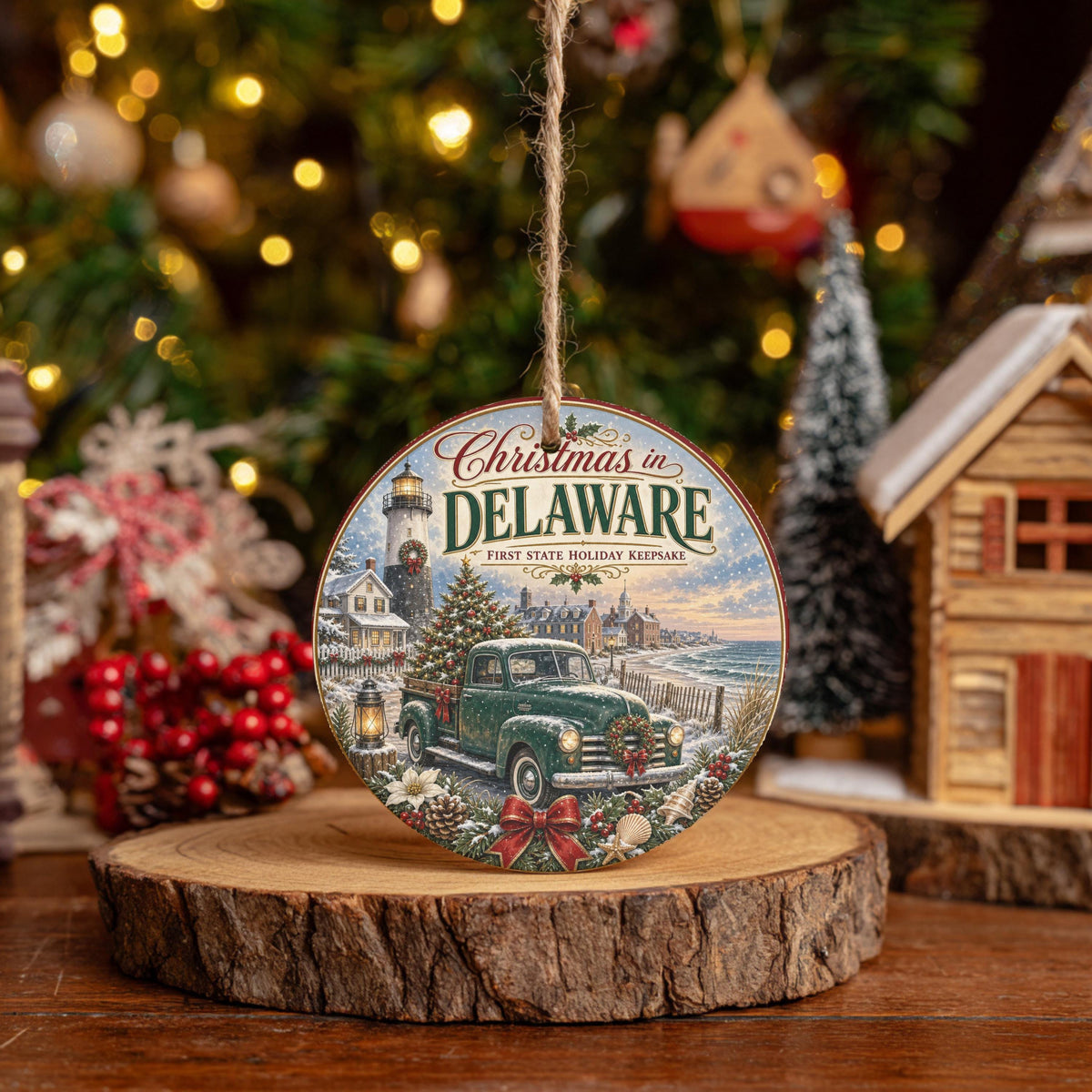 Delaware Christmas Ornament, Coastal Lighthouse Vintage Truck Art