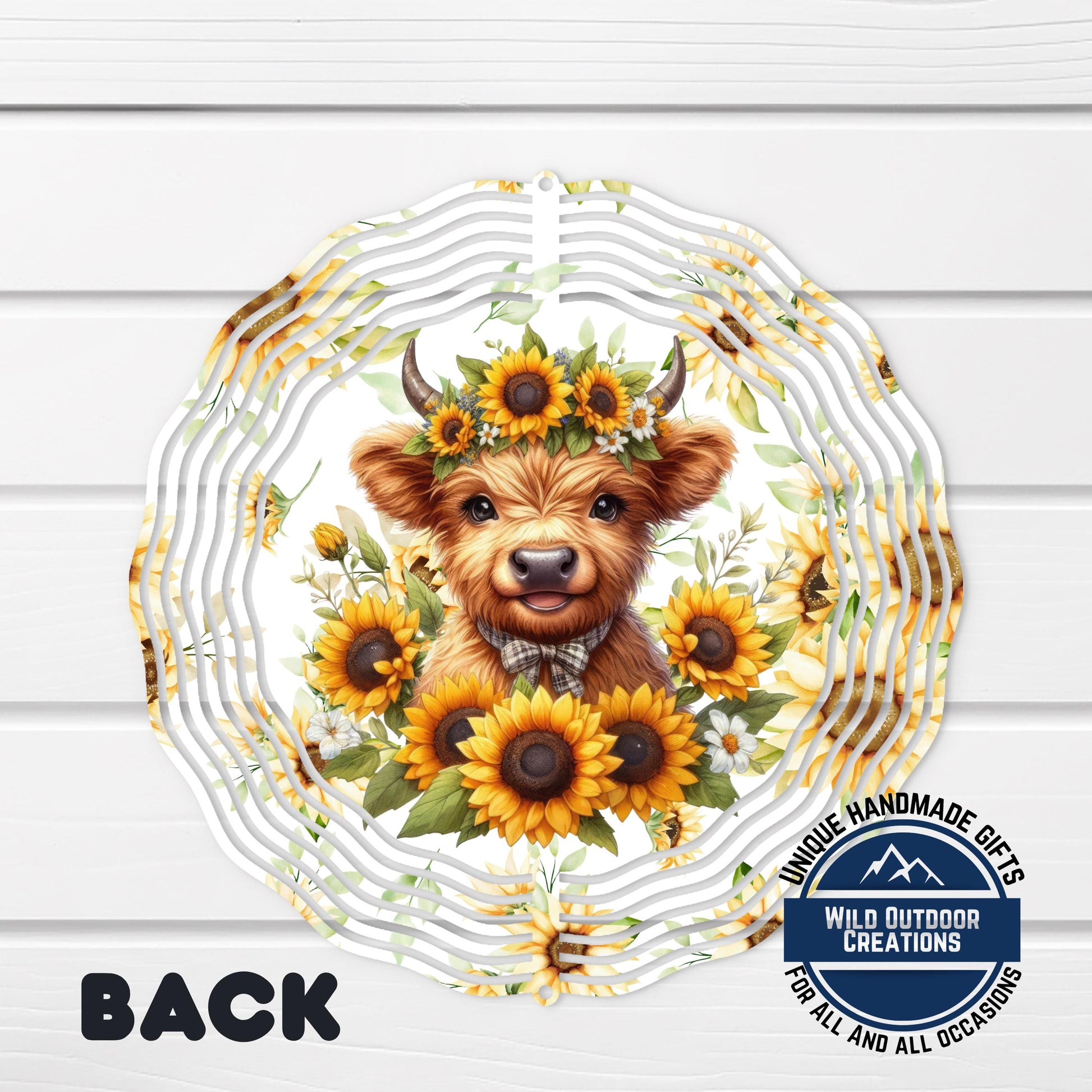 Baby Highland Cow Spinner - Rustic Garden Decor | Sunflower Crown Wind Spinner - scale and size reference