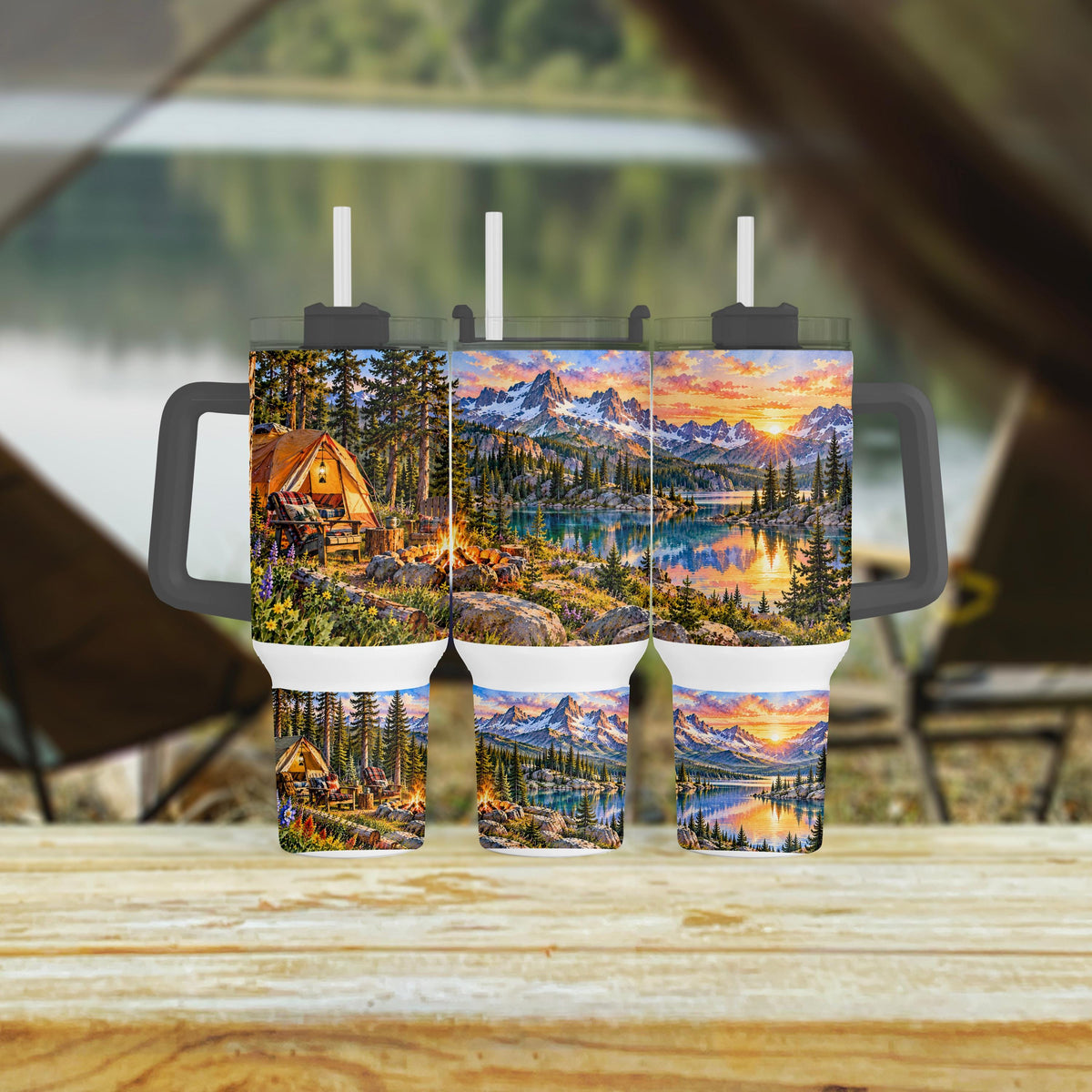 Mountain Camping Tumbler, 40 Oz Handle, Campfire Lake Sunset Gift