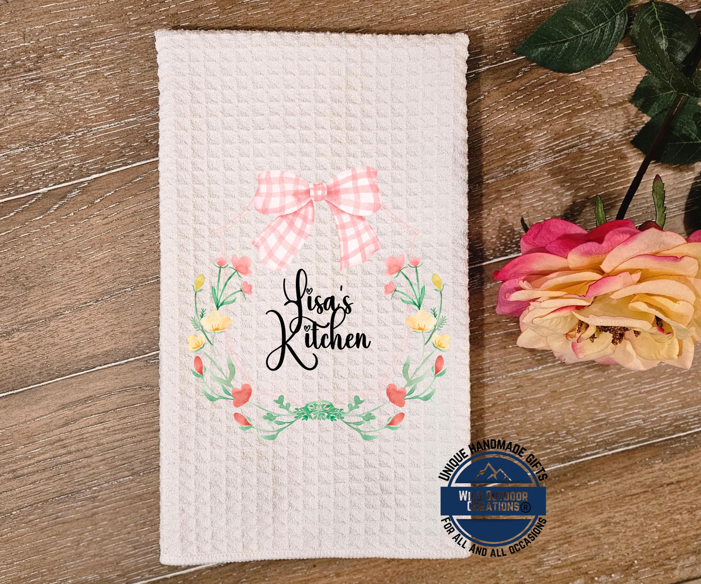 Personalized Kitchen Towel – Custom Floral Wreath Pink Gingham Bow Gift - scale and size reference