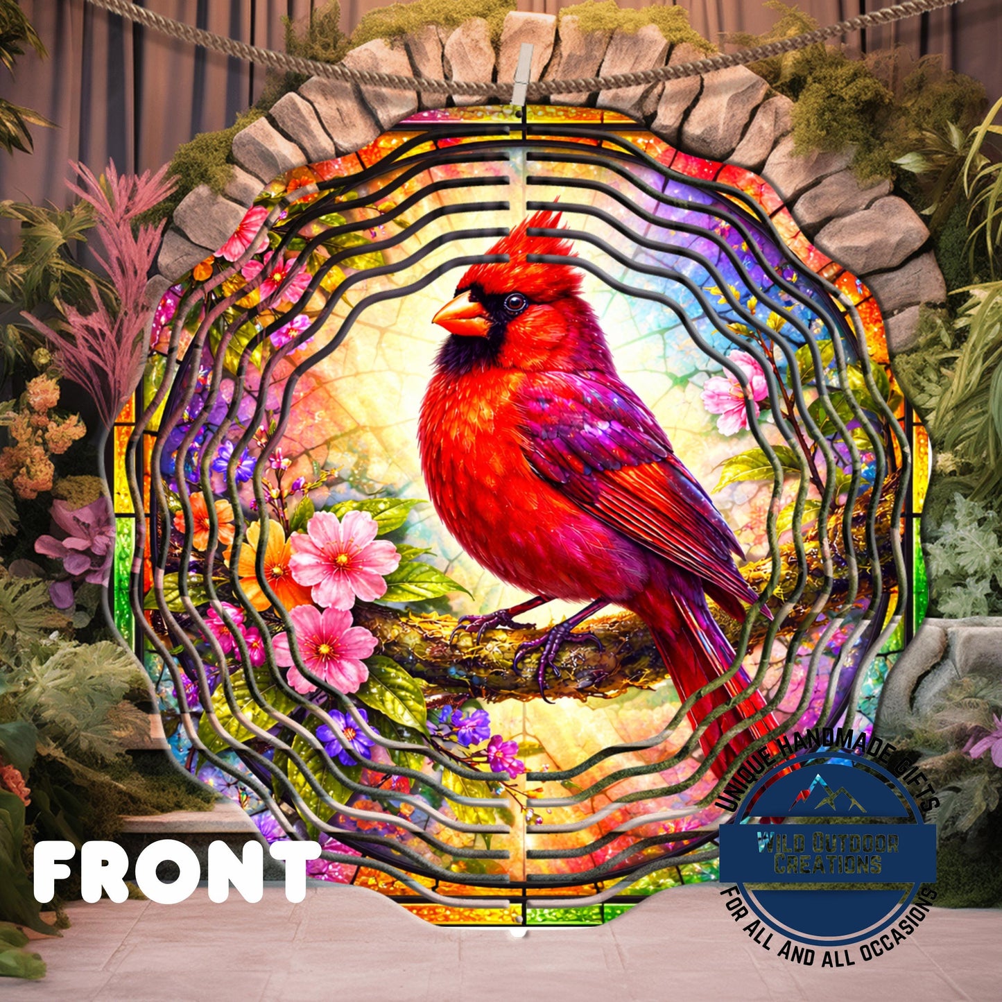 Cardinal Wind Spinner - 10 Inch Aluminum Outdoor Garden Decor With Pink Yellow Flowers - gift presentation view