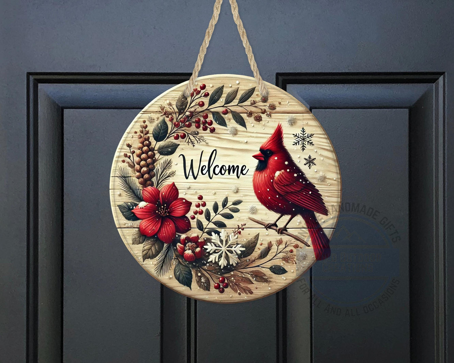 Cardinal Door Hanger - Winter Floral Wreath | Lightweight Aluminum Holiday Porch Sign - additional product photo 10