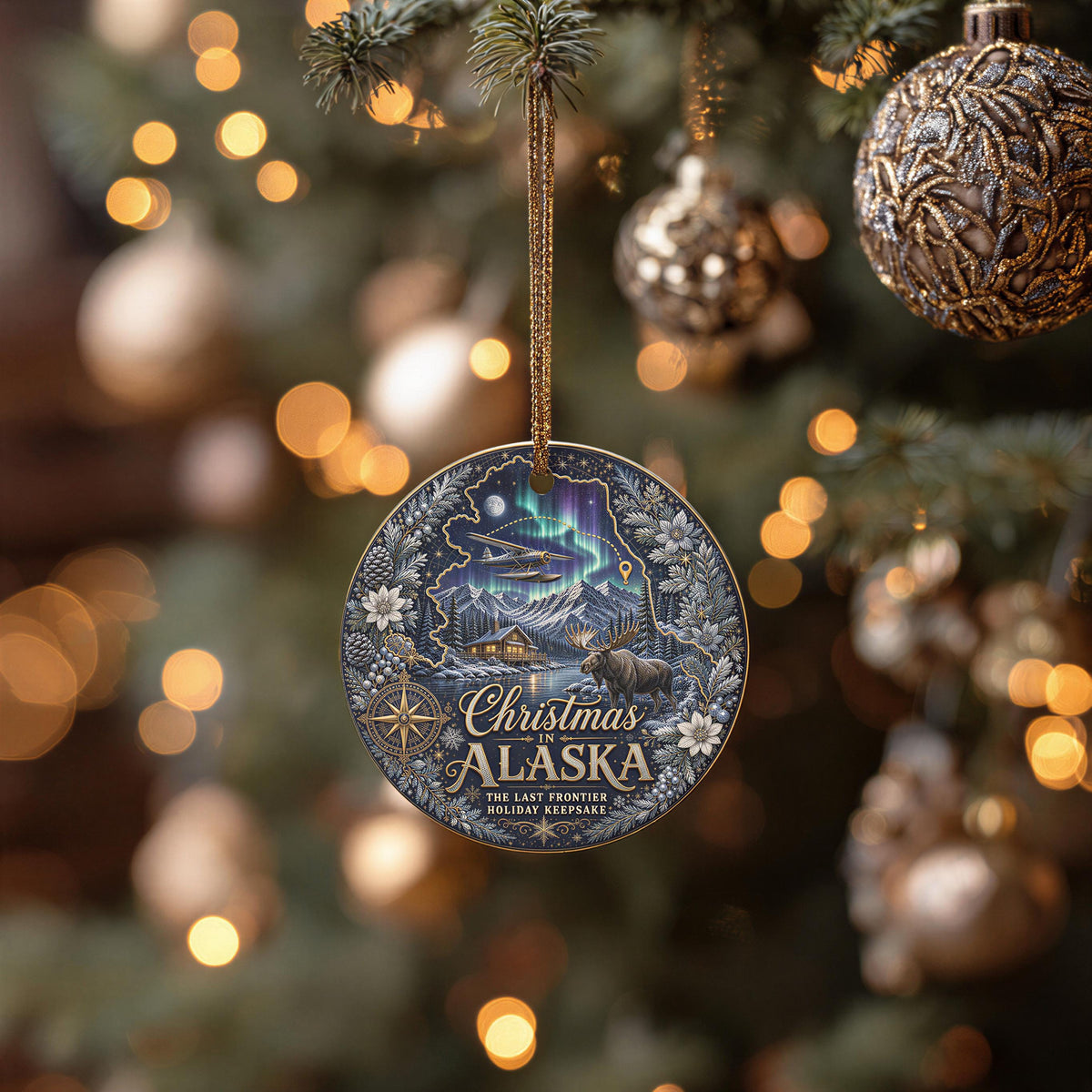 Alaska Ornament - Northern Lights Moose Cabin, 3 Inch Ceramic Tree