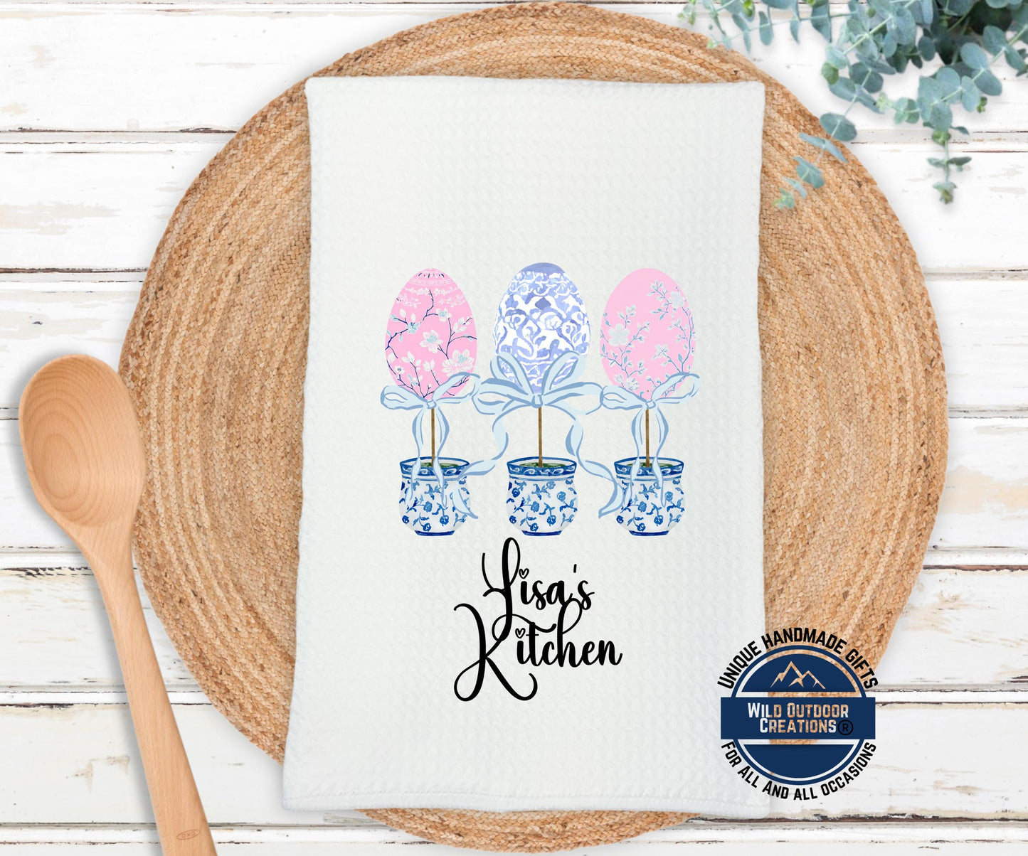 Personalized Kitchen Towel – Easter Egg Topiary Waffle Weave, Custom Name Gift - lifestyle view