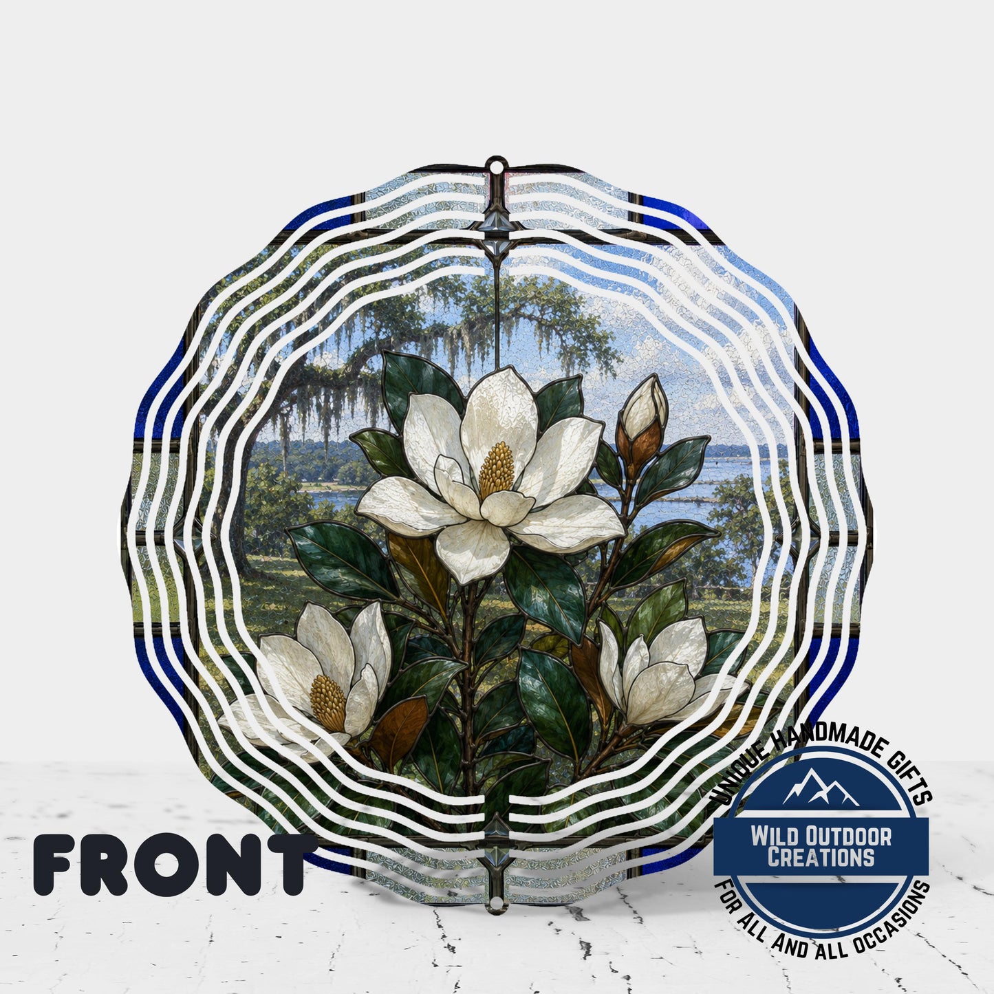 Magnolia Wind Spinner Louisiana State Flower Stained Glass Style Garden Aluminum Outdoor Decor