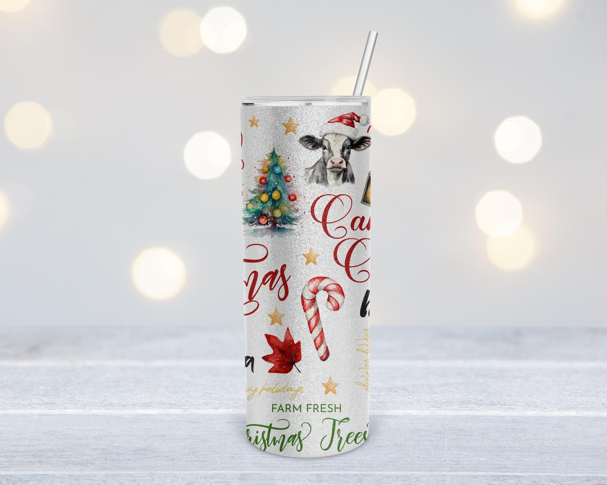 Christmas Cow Tumbler, 20 Oz Skinny Silver Glitter Santa Hat